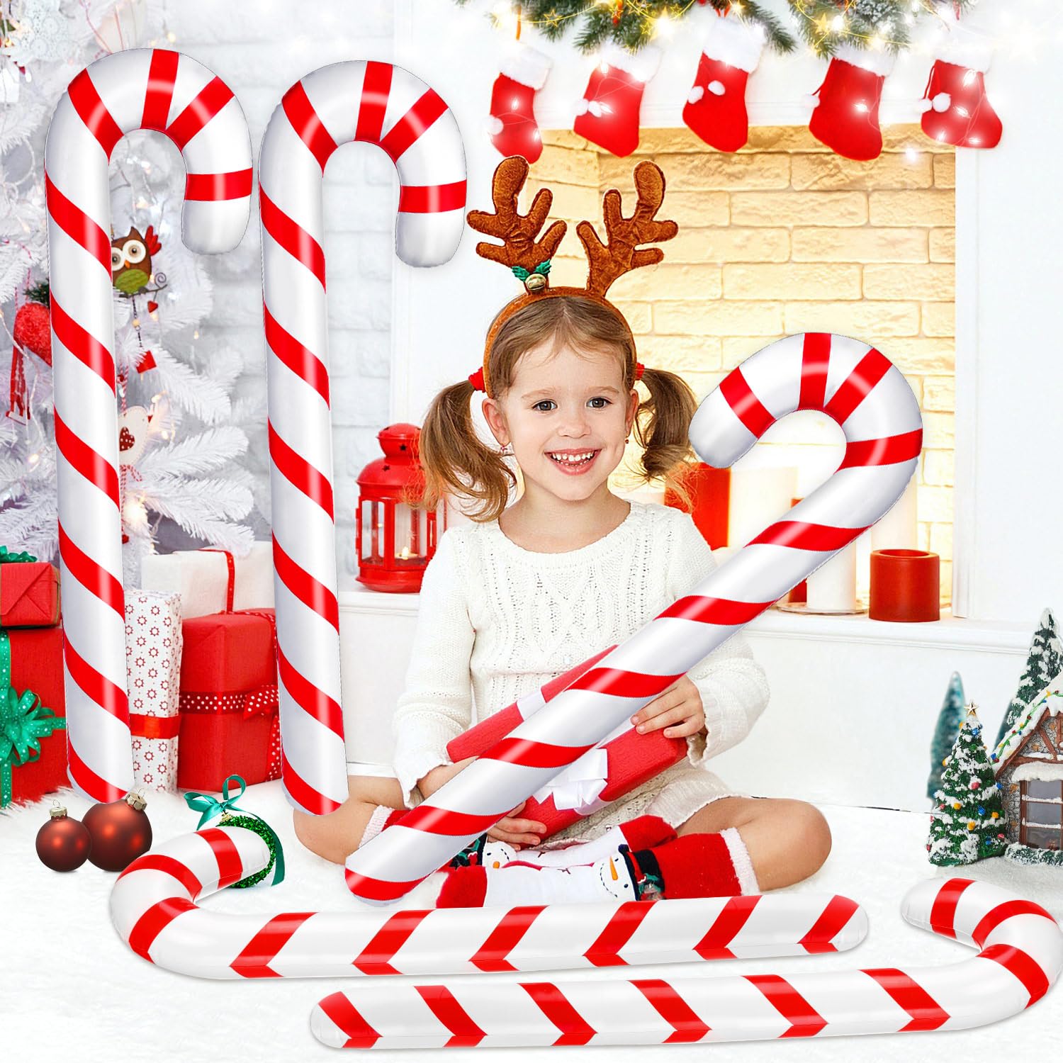 10Pcs Christmas Inflatable Candy Canes, 35 Inch Large Candy Cane For Indoor Outdoor Holiday Yard Decorations
