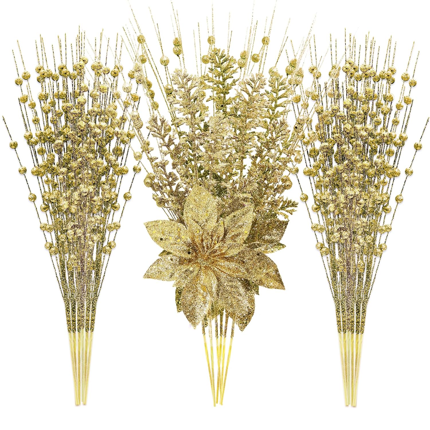 24 Pack Artificial Glitter Berry Stem Ornaments - 17.5 Inch Fake Christmas Picks Decorations With Poinsettia Flowers, Bead Sticks For Diy Christmas Tree, Wreath, Wedding & Small Vase Decor