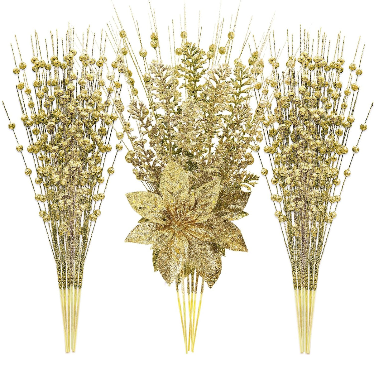 24 Pack Artificial Glitter Berry Stem Ornaments - 17.5 Inch Fake Christmas Picks Decorations With Poinsettia Flowers, Bead Sticks For Diy Christmas Tree, Wreath, Wedding & Small Vase Decor