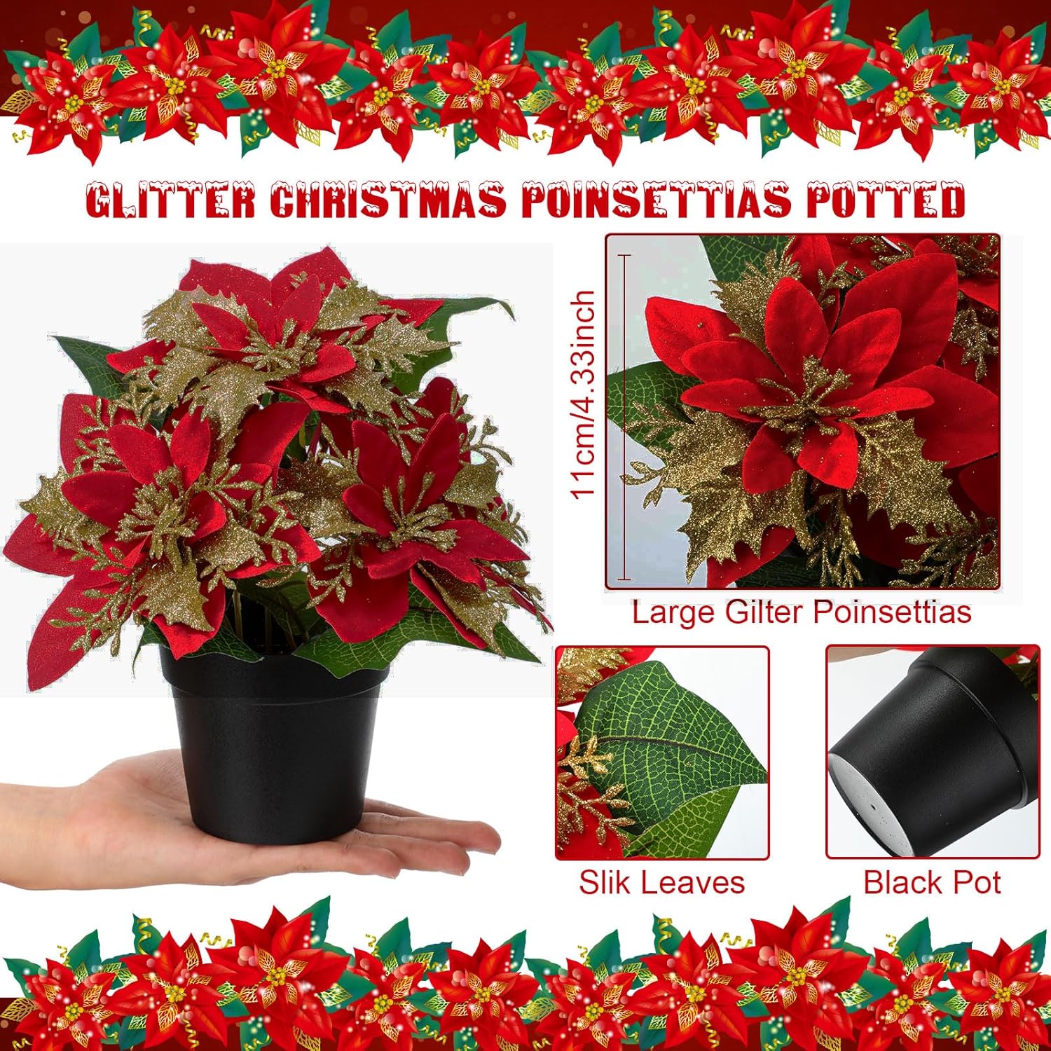 4 Pack Mini Artificial Poinsettias In Pots 9 Inch Faux Red Glitter Poinsettias Plants Tabletop Christmas Centerpieces For Home Office Table Indoor Xmas Holiday Indoor(Plastic,Black)