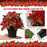 4 Pack Mini Artificial Poinsettias In Pots 9 Inch Faux Red Glitter Poinsettias Plants Tabletop Christmas Centerpieces For Home Office Table Indoor Xmas Holiday Indoor(Plastic,Black)
