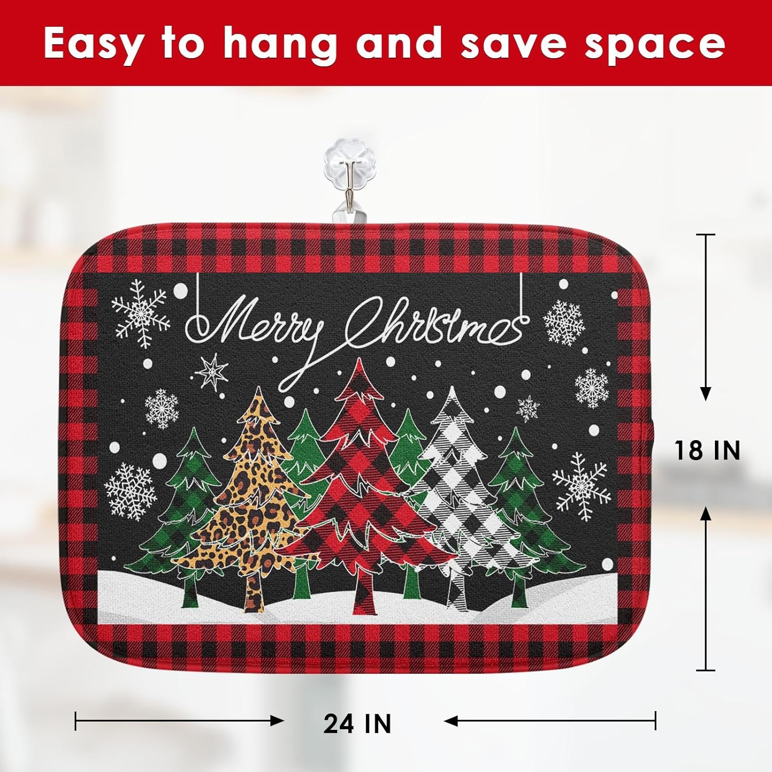 Absorbent Dish Drying Mat, Merry Christmas Microfiber Pad For Kitchen Counter, Winter Red Plad Tree For Coffee Bar Decor, Heat Resistant And Reversible, 18" X 24"