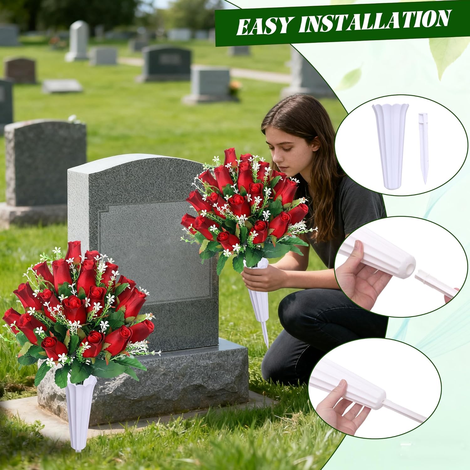 Artificial Cemetery Flowers For Grave,2Pack Memorial Roses Bouquets With Vase For Grave Tombstone Decorations (Red)