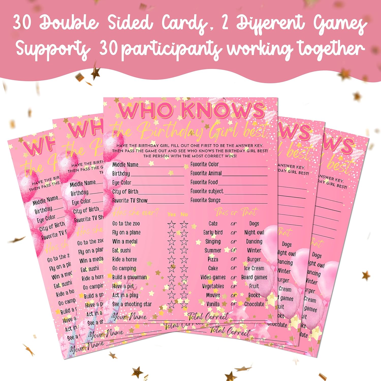30 Pcs Who Knows The Birthday Girl Best Game Cards, 6.1 × 4.9 Inch Double-Sided Birthday Party Games, Pink Girls Card Birthday Party Supplies And Fun Activities