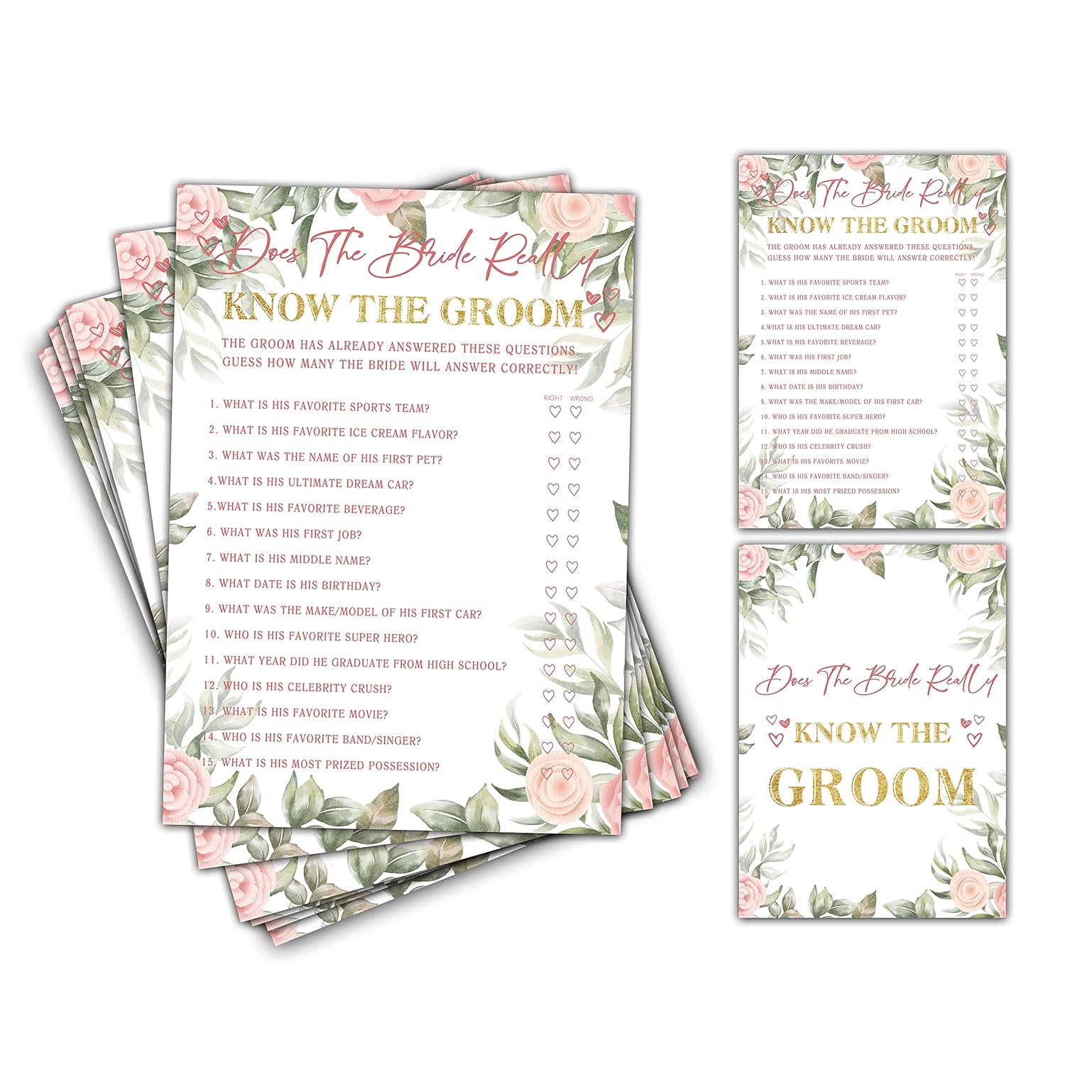 Bridal Shower Games - Does The Bride Really Know The Groom Wedding Party Game - Boho Floral Greenery Bachelorette/Engagement Party Supplies Activities - Pack Of 30 Game Cards (A16)