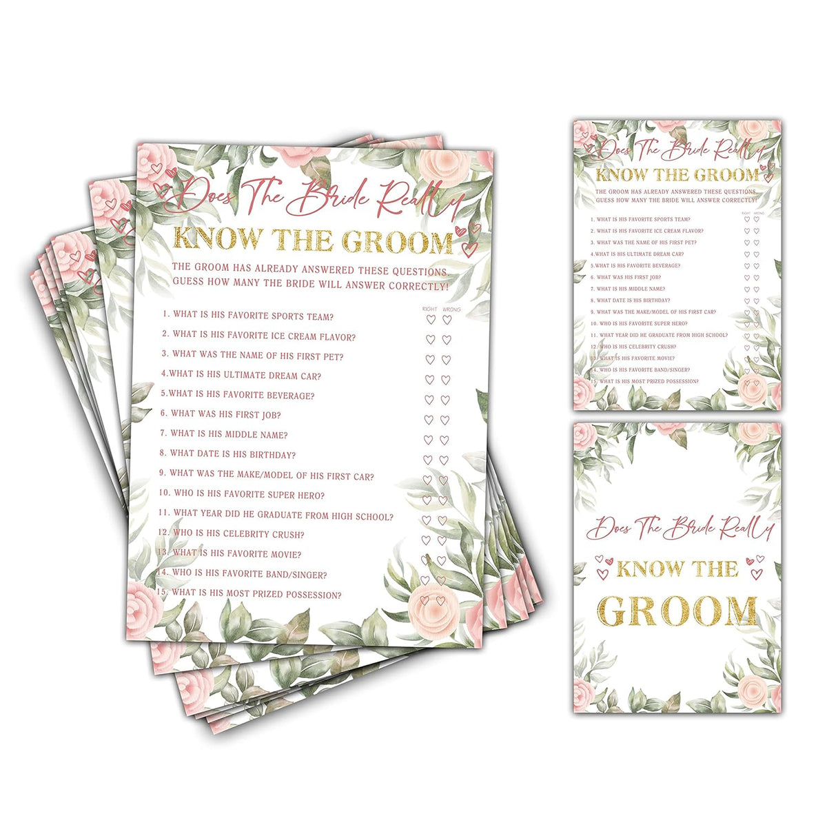 Bridal Shower Games - Does The Bride Really Know The Groom Wedding Party Game - Boho Floral Greenery Bachelorette/Engagement Party Supplies Activities - Pack Of 30 Game Cards (A16)