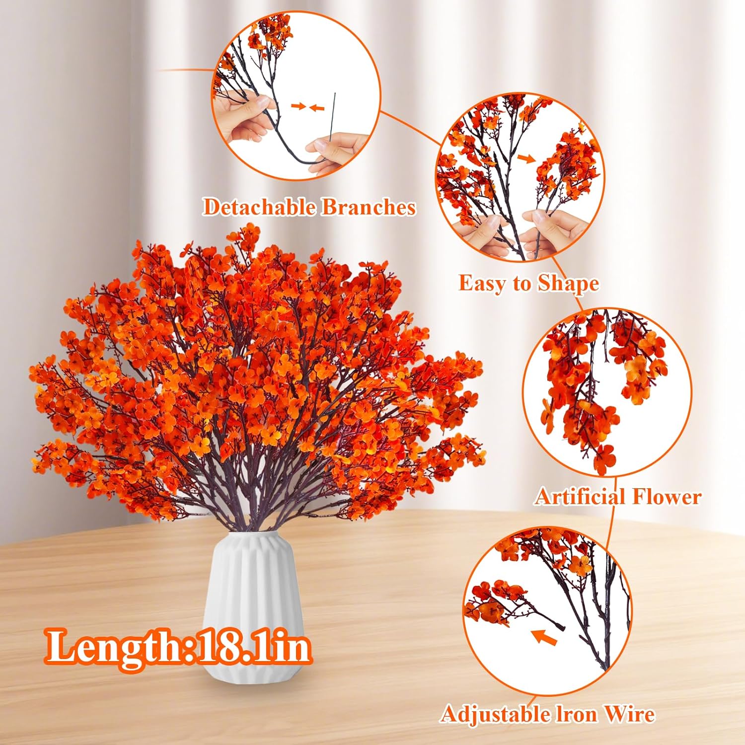 12Pcs Fake Fall Flowers Orange Baby Breath Artificial Flowers Real Touch Silk Floral Arrangement Thanksgiving Autumn Table Centerpieces Home Kitchen Decor