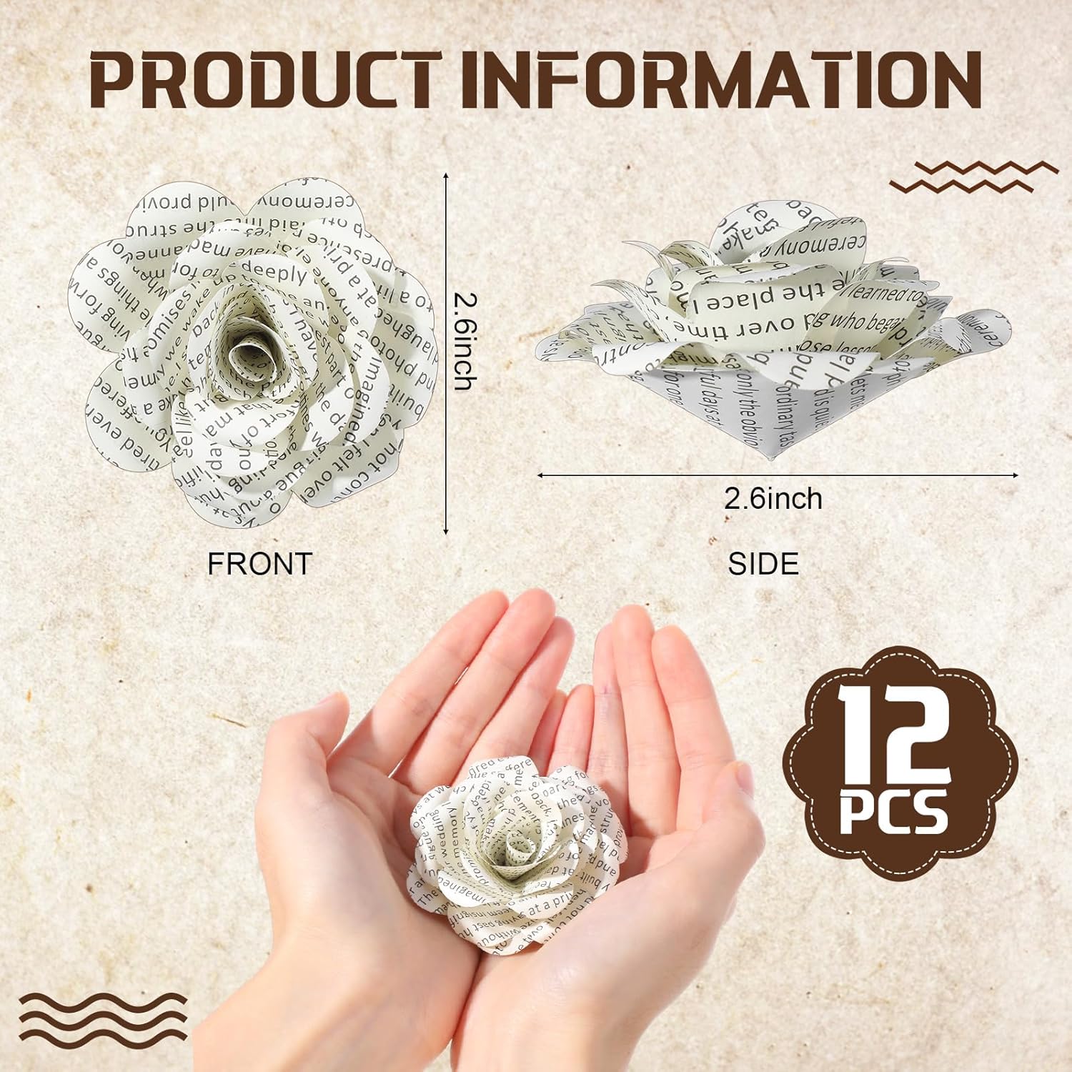 12 Pcs Handmade Rose Paper Flowers, Made From English Book Pages Literary Gifts For Book Lovers' Anniversaries, Birthdays, Weddings, And Various Party Gifts (3 Inches,Beige Color)
