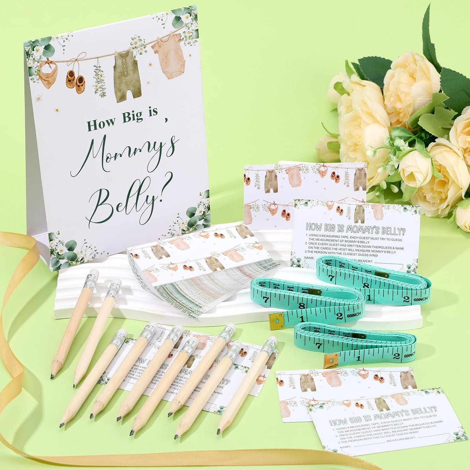 64 Pcs Sage Green Baby Shower Games Include How Big Is Mommy'S Belly Sign Measure Bump Game 50 Guessing Cards 10 Pencils 3 Measuring Tapes For Baby Shower Gender Reveal Party Supplies