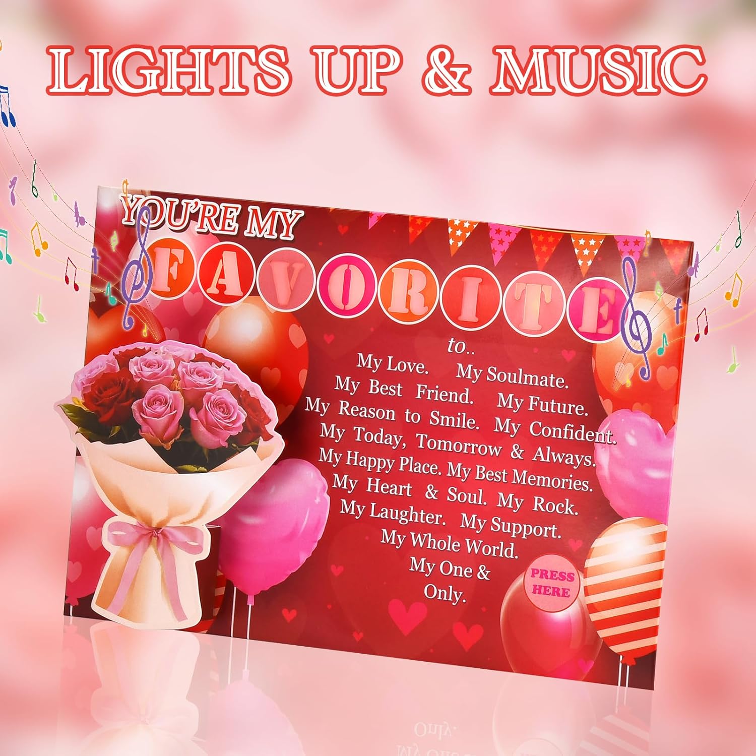 Valentines Day Card With Lights & Music, 3D Pop Up Rose Anniversary Cards For Couples, Romantic “You’Re My Favorite” Sweet Greeting Gift Cards For Wife Husband Girlfriend Boyfriend