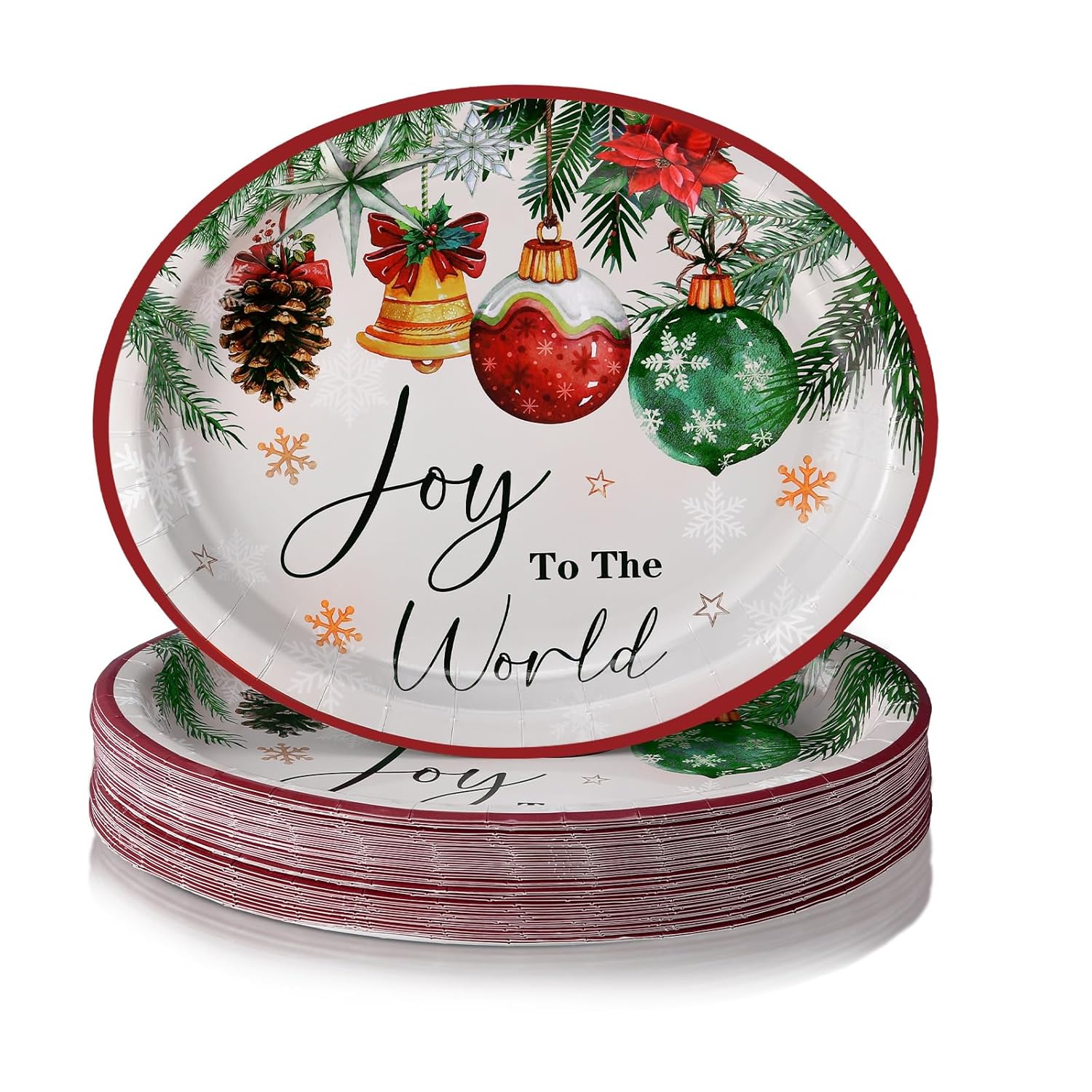 50 Pcs Christmas Oval Paper Plates 11'' Disposable Joy To The World Paper Plates Xmas Balls Tableware Large Christmas Snowflake Decorations For Winter Picnic Tea Party Supplies
