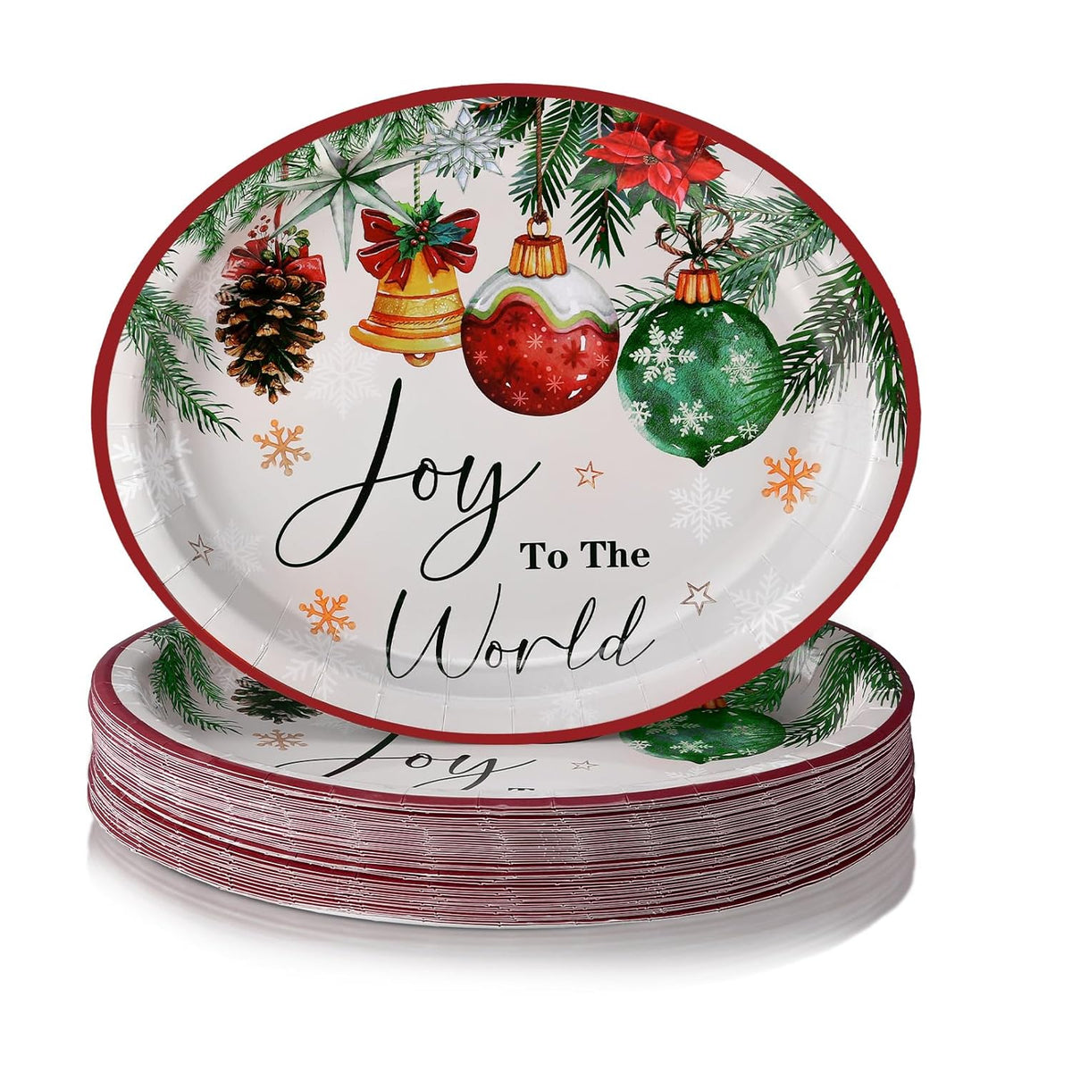 50 Pcs Christmas Oval Paper Plates 11'' Disposable Joy To The World Paper Plates Xmas Balls Tableware Large Christmas Snowflake Decorations For Winter Picnic Tea Party Supplies