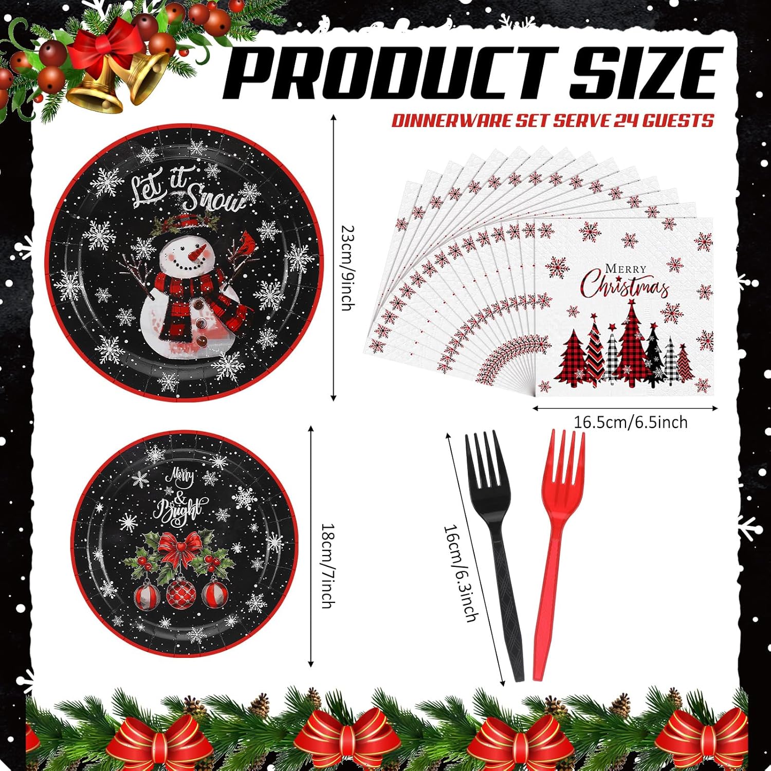 96 Pcs Merry Christmas Party Decorations For 24 Guests Snowman Christmas Paper Plates And Napkins Set Black Disposable Tableware Set Plates Napkins Forks For Xmas Winter Holiday Party Favors