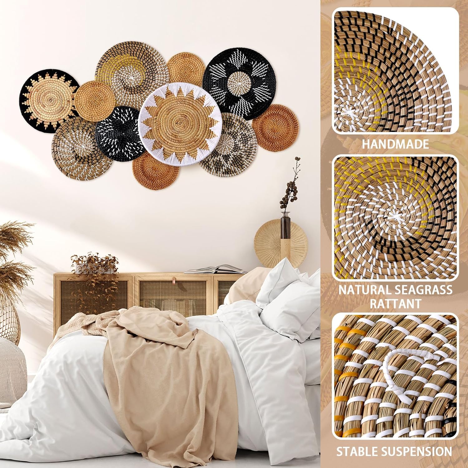 11 Pcs Boho Hanging Wall Basket Decor Handmade Woven Basket Wall Decorative Boho Wicker Baskets Placemats Round Farmhouse Bulrush Art For Rustic Home Decorations Christmas Gift(Stylish)