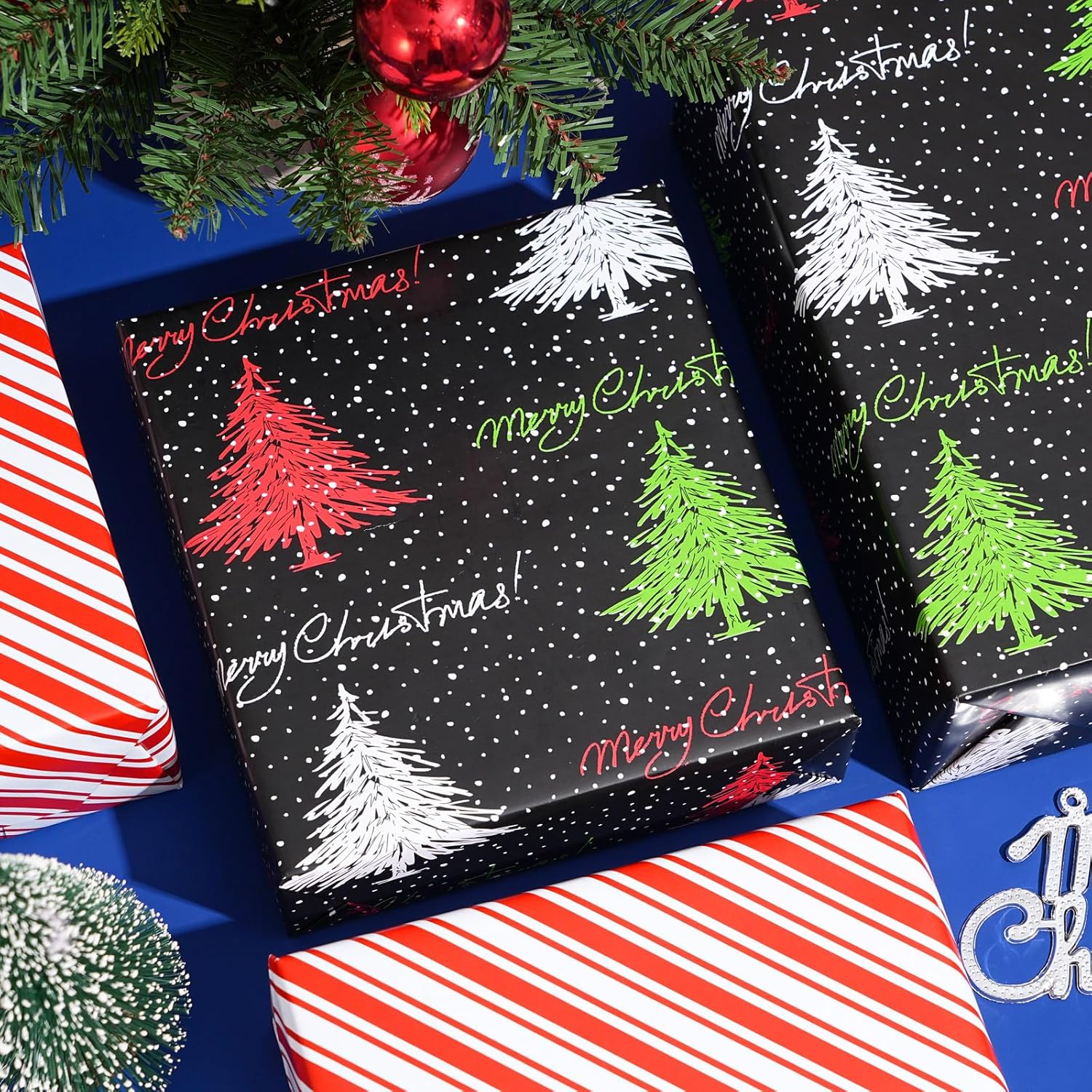 Christmas Tree Reversible Wrapping Paper Roll - Gift Wrap With Red & White Stripes On Reverse - Perfect For Holidays, Birthdays, And Halloween - 17.5 In X 33 Ft (48 Sq. Ft)