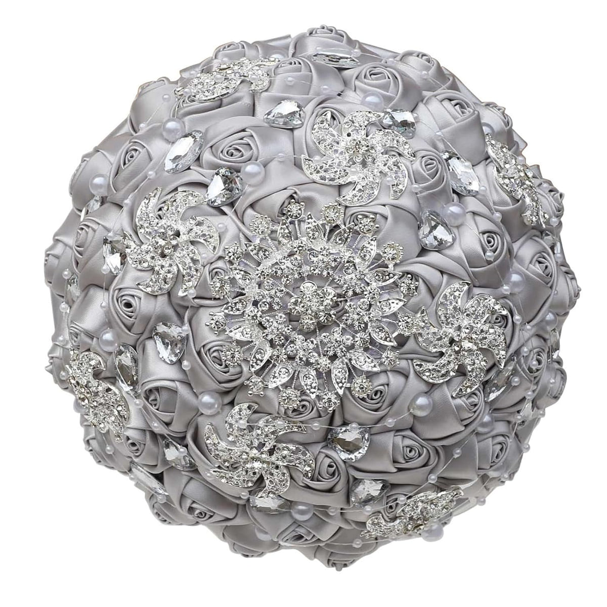 Silver Bridal Wedding Bouquet Handmade Luxury Rhinestone Brooch Pearl Bouquet For Bride Bridesmaid Quinceanera Satin Rose Artificial Flower Bouquet Wedding Silver 9.5In