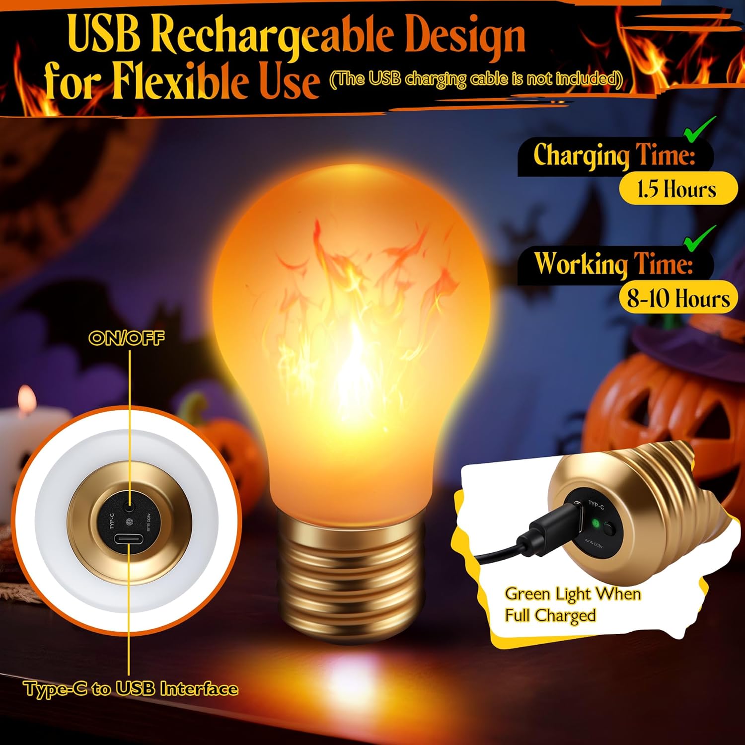 2 Pack Halloween Rechargeable A19 Flickering Flame Light Bulbs With E26 Conversion Interface & Silicone Hanging Sleeve, Fire Bulb For Christmas Party Decorations Outdoor Indoor Home Decor