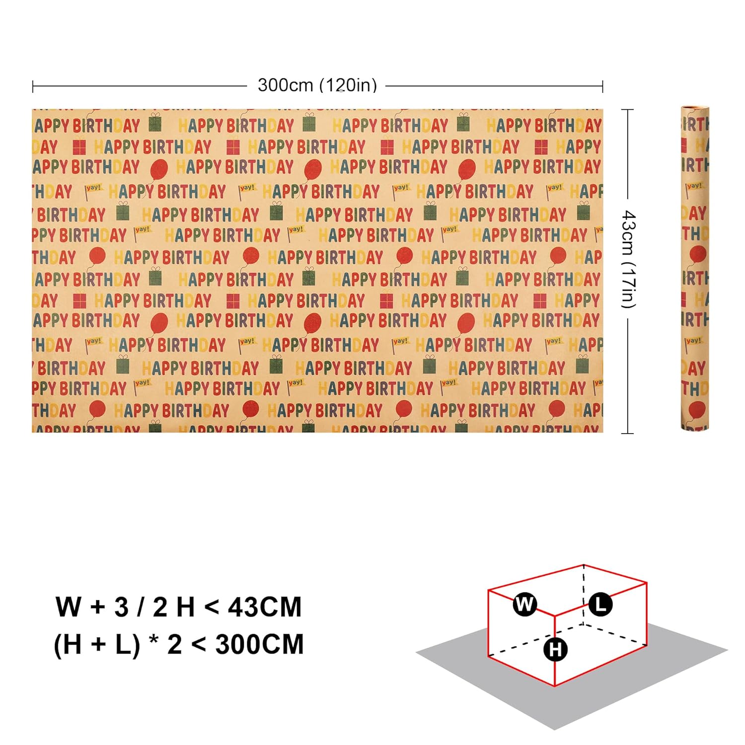 Brown Birthday Kraft Wrapping Paper Roll, Balloons Stars Happy Birthday Lettering For Kids Girl Boy, Perfect For Birthday Party, Baby Shower, 3 Rolls, 17 Inch X 9.8 Feet Per Roll