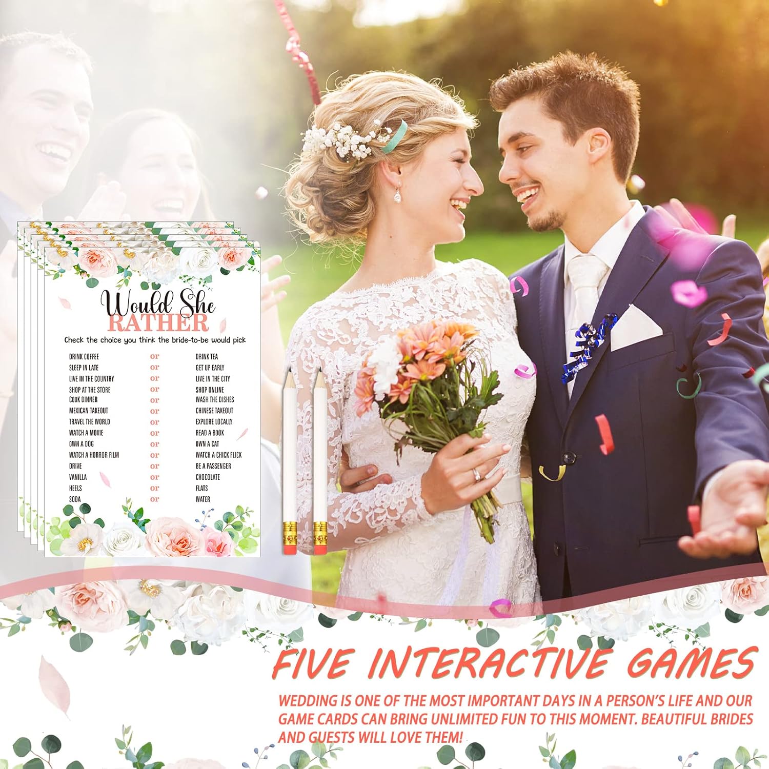 220 Pcs Floral Bridal Shower Game Set For 40 Guests Wedding Games Cards And Pencils Floral Bridal Supplies 5 Activity Accessories Gifts For Bride Groom Bachelorette Wedding Party Favors
