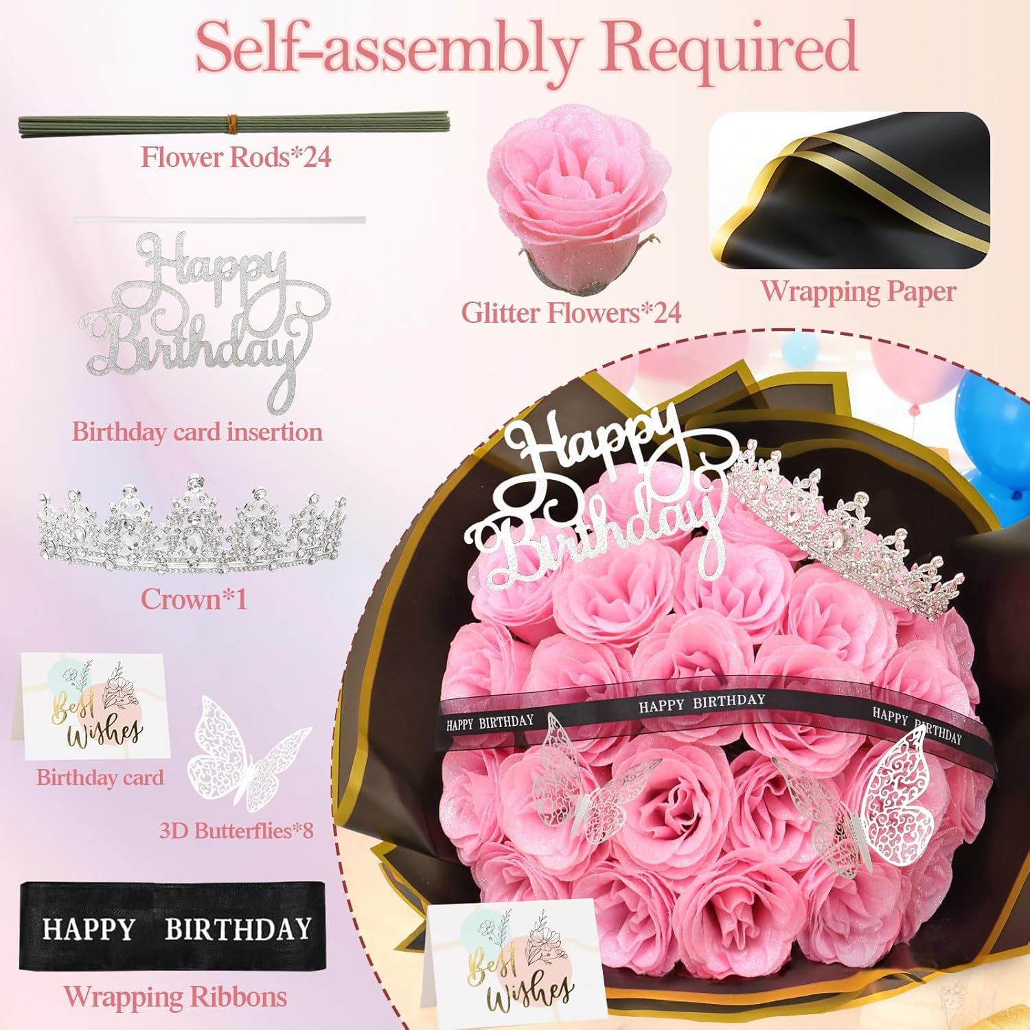 Glitter Roses Bouquet,Birthday Gifts For Women Mom,Diy Fake Flowers Bouquet With Birthday Stand-Up Signs,24 Pink Rose For Grandma Wife Friends Valentines,Anniversary,Engagement,Wedding