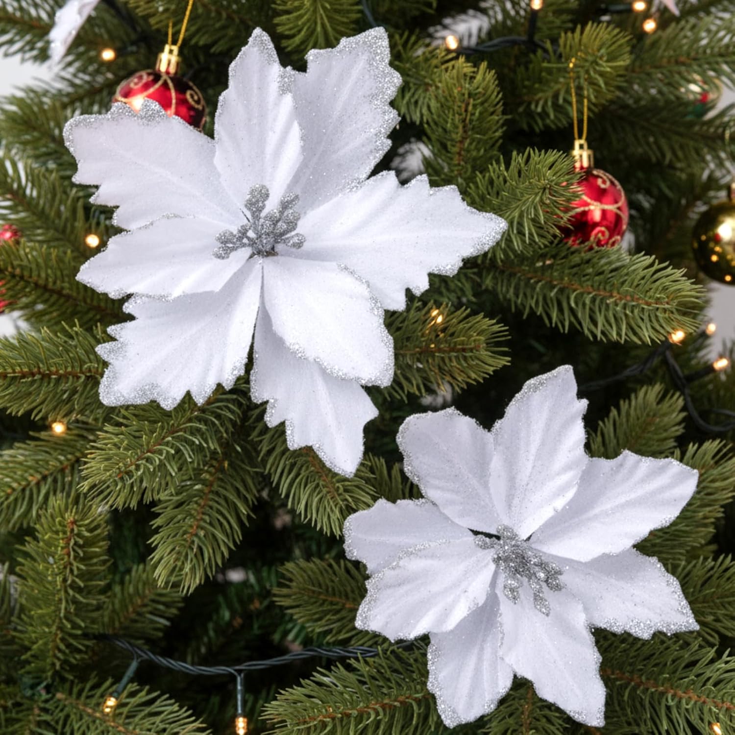 24 Pcs Christmas Glitter Poinsettia Flowers Decorations 5.91 Inch 3.94 Inch Artificial Velvet Poinsettia With Clips, Poinsettia Christmas Tree Ornaments For Xmas Party Decor(White)