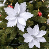 24 Pcs Christmas Glitter Poinsettia Flowers Decorations 5.91 Inch 3.94 Inch Artificial Velvet Poinsettia With Clips, Poinsettia Christmas Tree Ornaments For Xmas Party Decor(White)