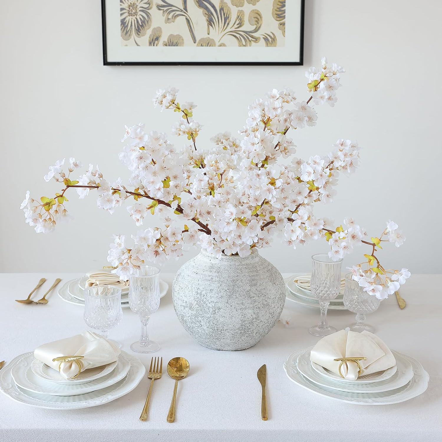 3Pcs Artificial White Cherry Blossom Branches 40" Fake Silk Cherry Blossoms Flowers With Long Stem For Wedding Decorations Table Centerpieces Vase Arrangement Home Decor (White)