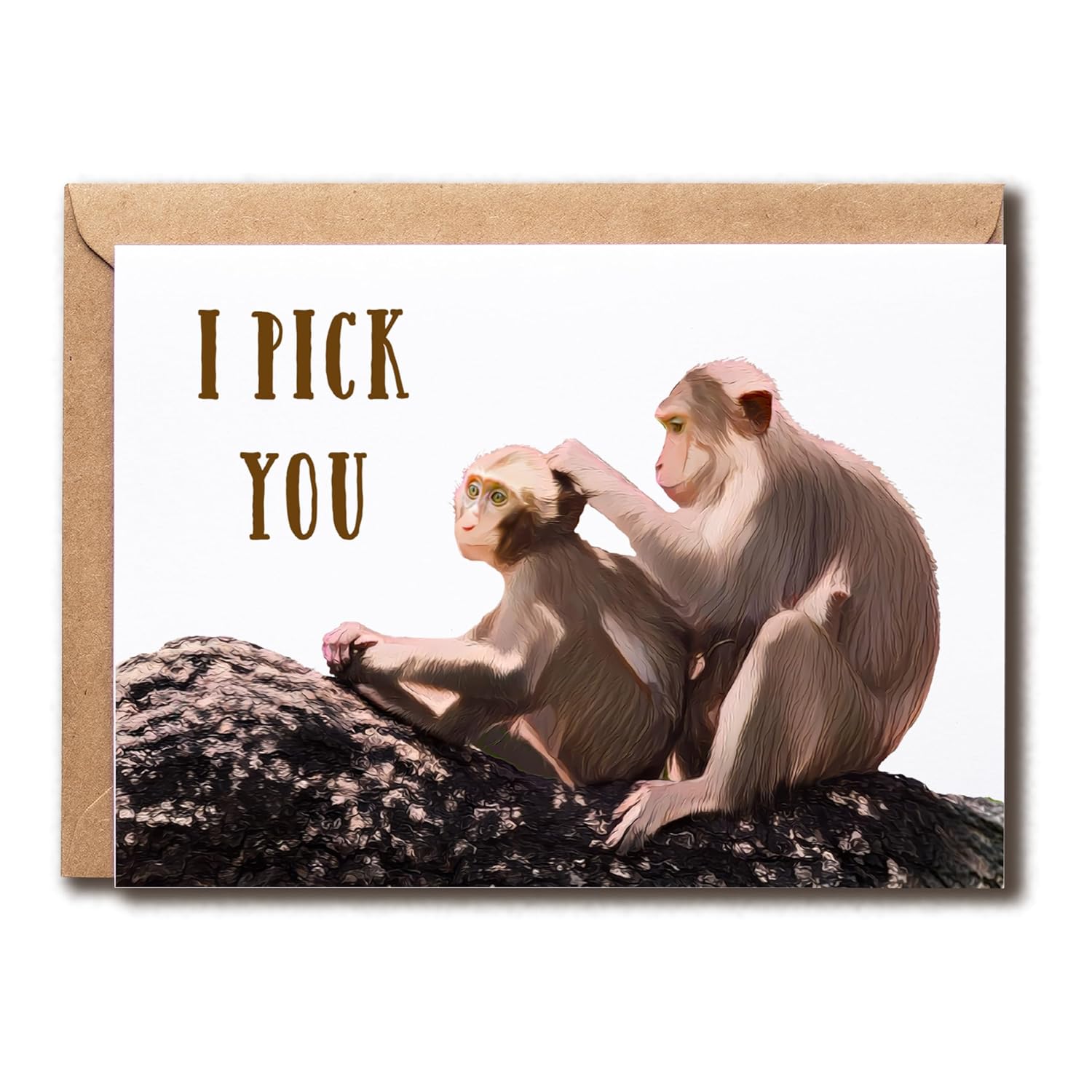 Romantic Watercolor Monkey Card - Funny Valentines Cheers Card - I Pick You Fun Card - Cute Watercolor Love Card, White