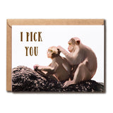 Romantic Watercolor Monkey Card - Funny Valentines Cheers Card - I Pick You Fun Card - Cute Watercolor Love Card, White
