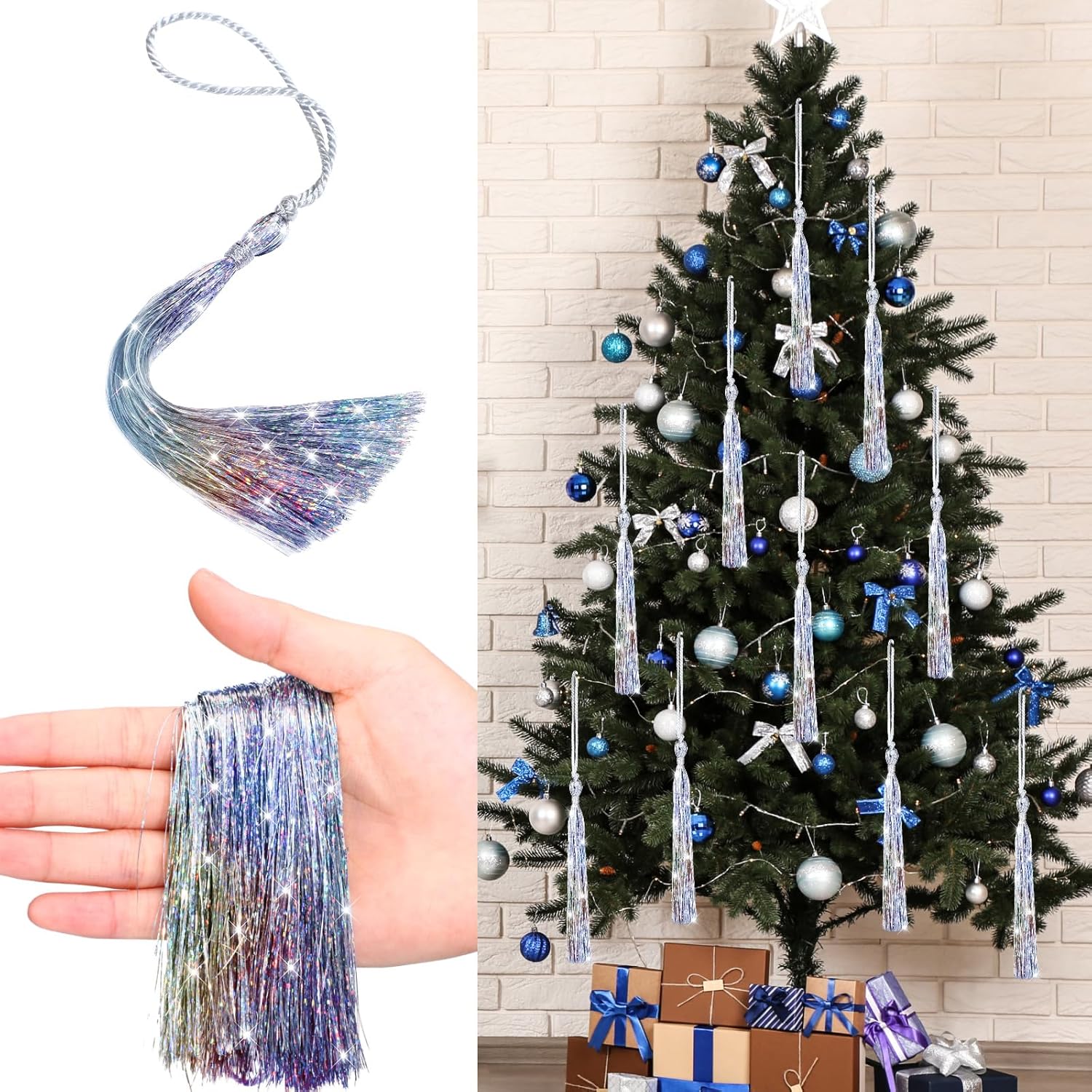 12 Pcs Christmas Tree Tinsel Tassel Ornament Metallic Icicles Tinsel Christmas Decorations Foil Fringe For Xmas Holiday Birthday Anniversary Engagement Party Supplies(Iridescent)