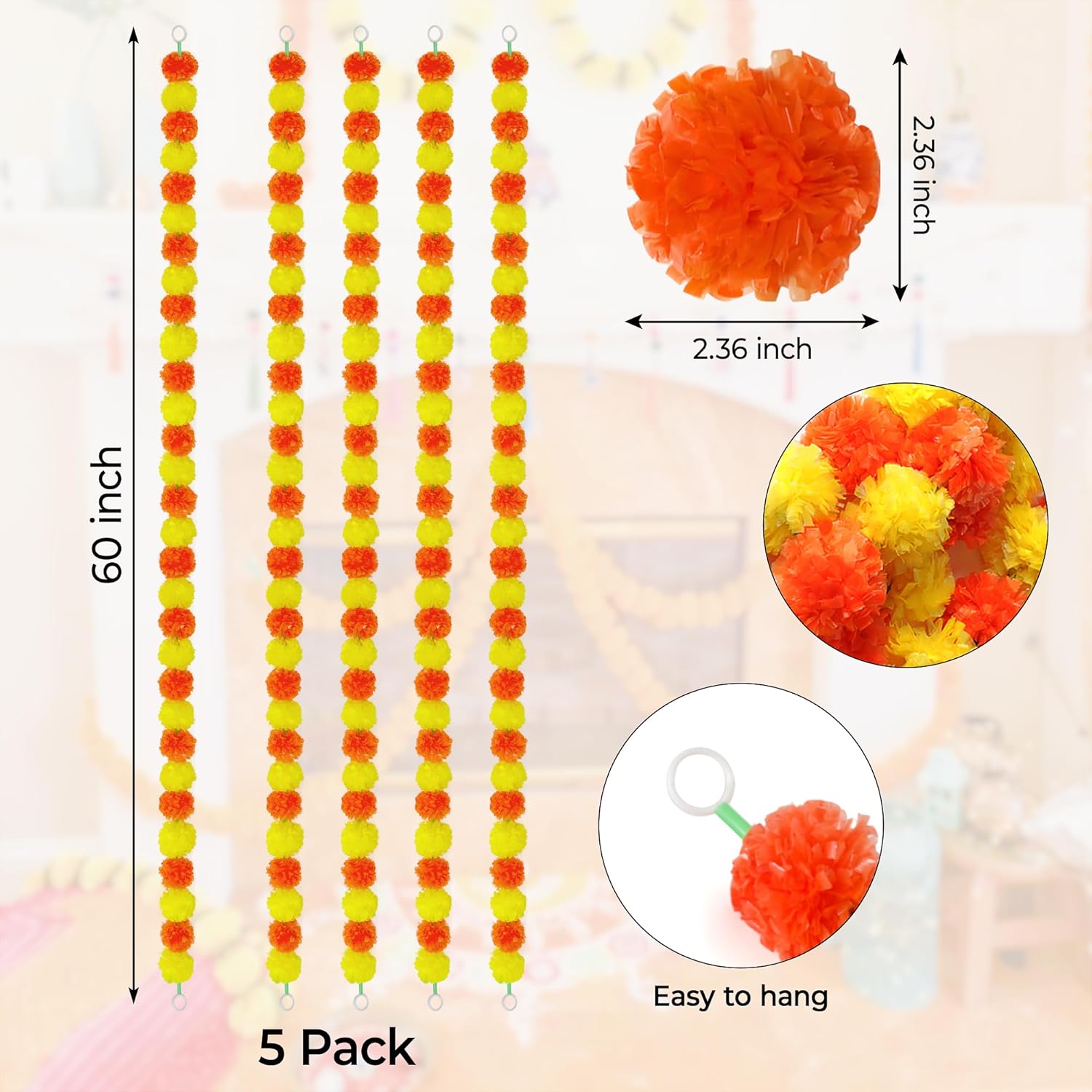 5Pcs Marigold Garland For Decoration,5 Feet Artificial Marigold Flowers Diwali Decorations For Home,Orange And Yellow Artificial Marigold Heads For Diwali Party,Indian Weddings,Halloween,Wreath