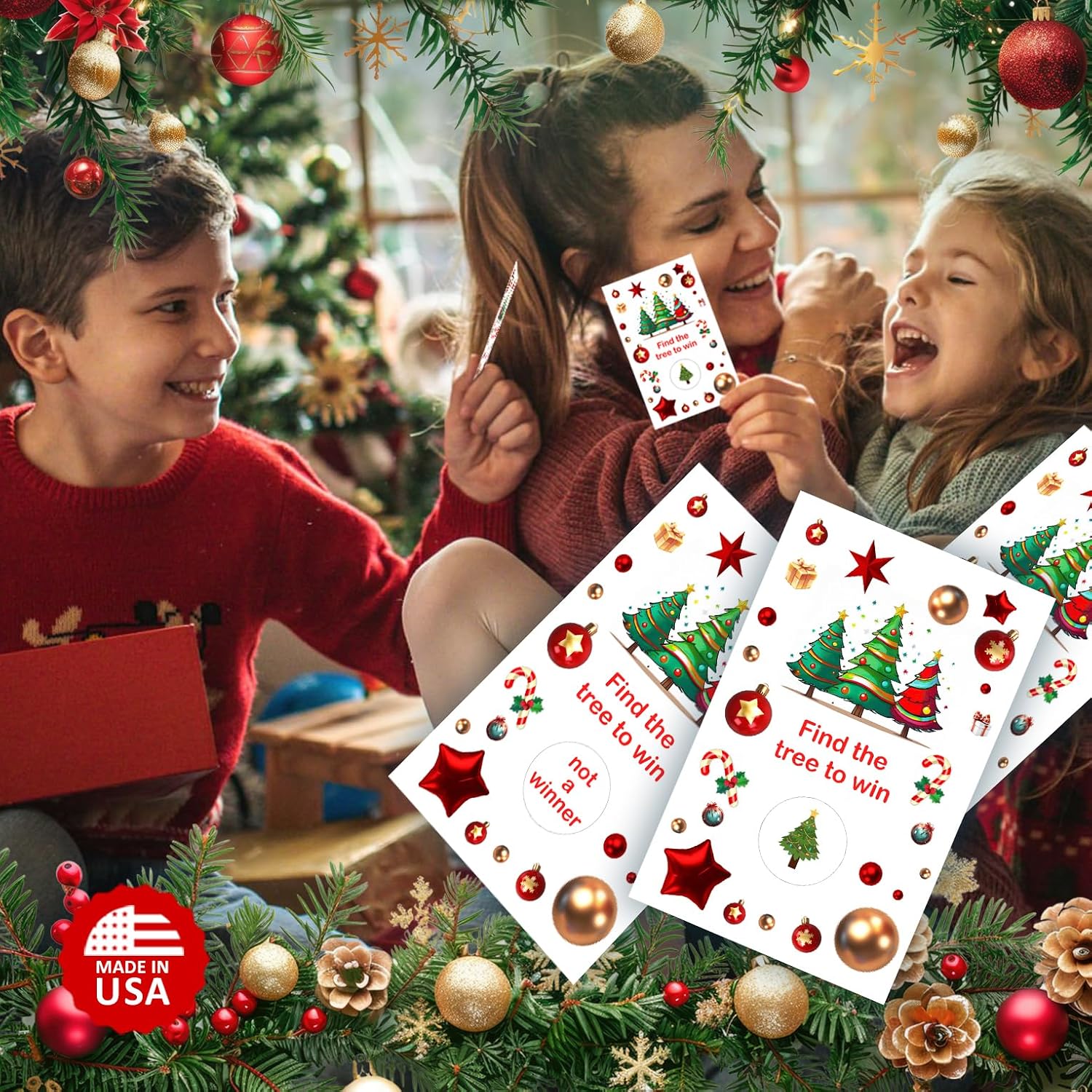 Tree Christmas Party Game Scratch Off, Find The Tree Easy To Play Silly Games, Fun Idea, Ice Breaker Activity. Raffle Cards, Set Of 40 Cards, Merry Christmas. Made In Usa