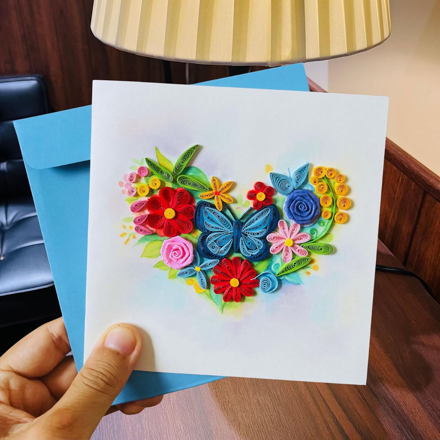 Quilling Cards, Handmade Card, Quilled Cards For Women Card All Occasions: Mother'S Day, Father'S Day, Birthday Card... Flower Heart Design Wtih Blue Butterfly