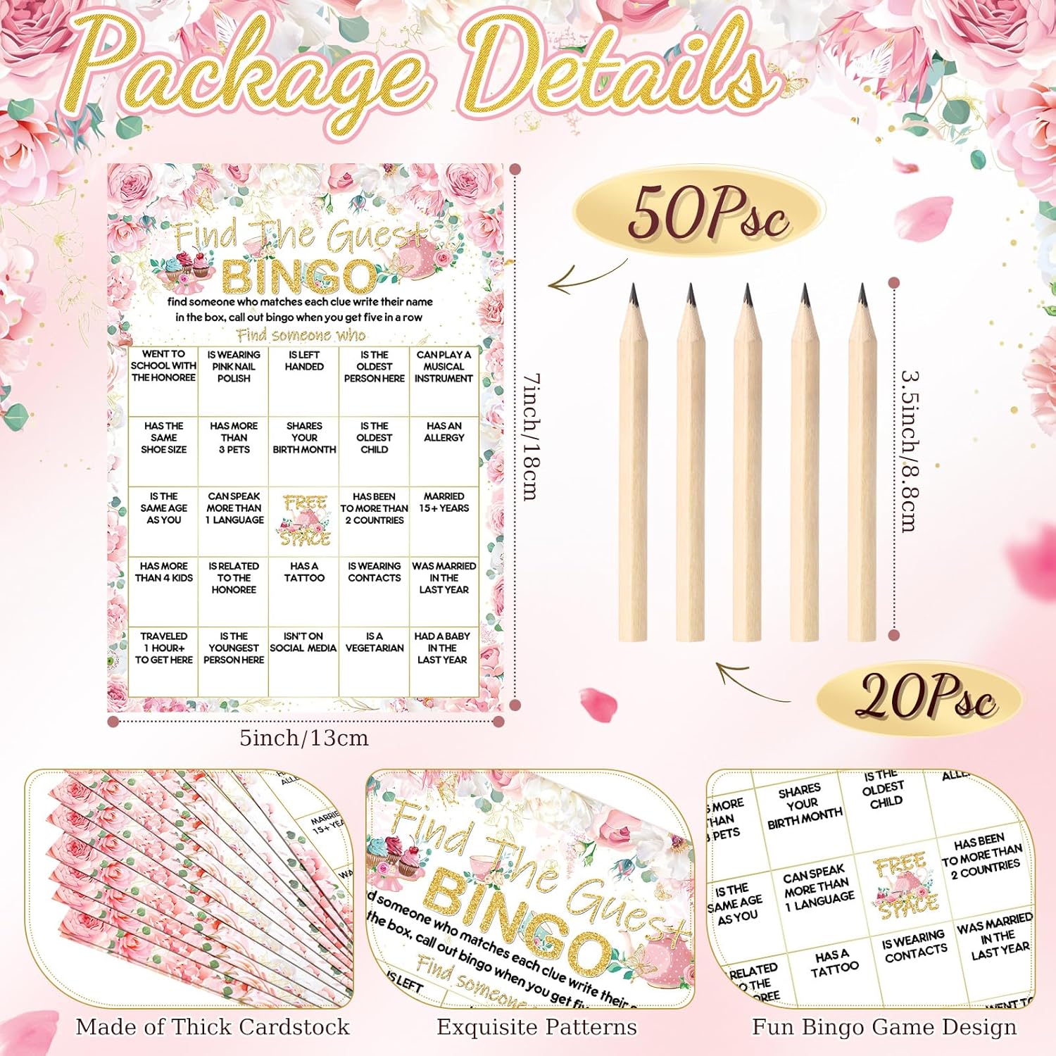 50 Pcs Find The Guest Game Bingo Cards With 20 Pcs Pencils Bridal Shower Wedding Bingo Game Pink Flower Tea Party Activity Favor Supply For Engagement Birthday Baby Shower Bachelorette, 5"X7"