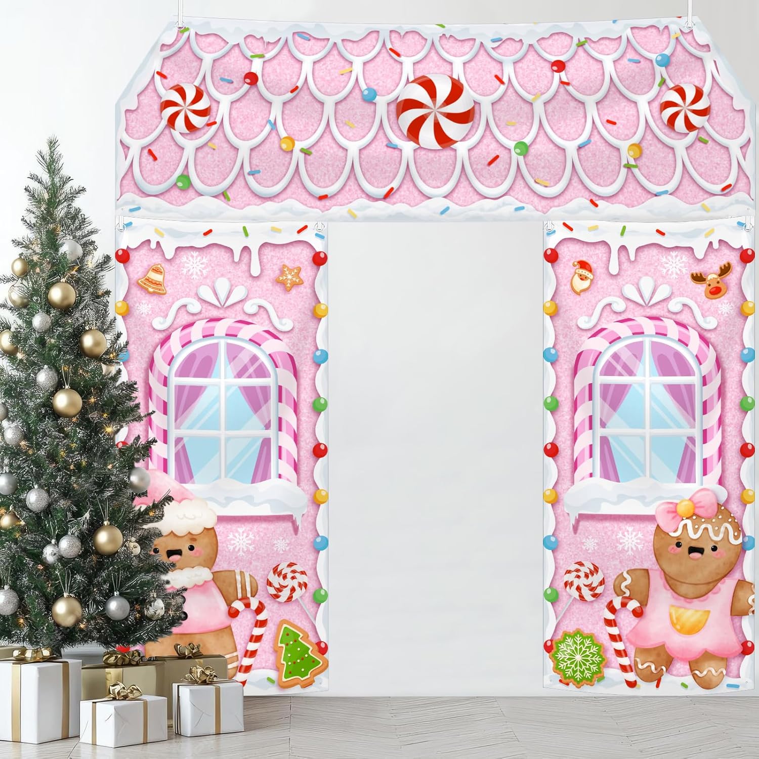 3 Pcs Christmas Gingerbread House Banner Gingerbread Party Door Decorations Pink Winter Christmas Candy Hanging Banner Porch Sign For Holiday Classroom Office Home Party Decor