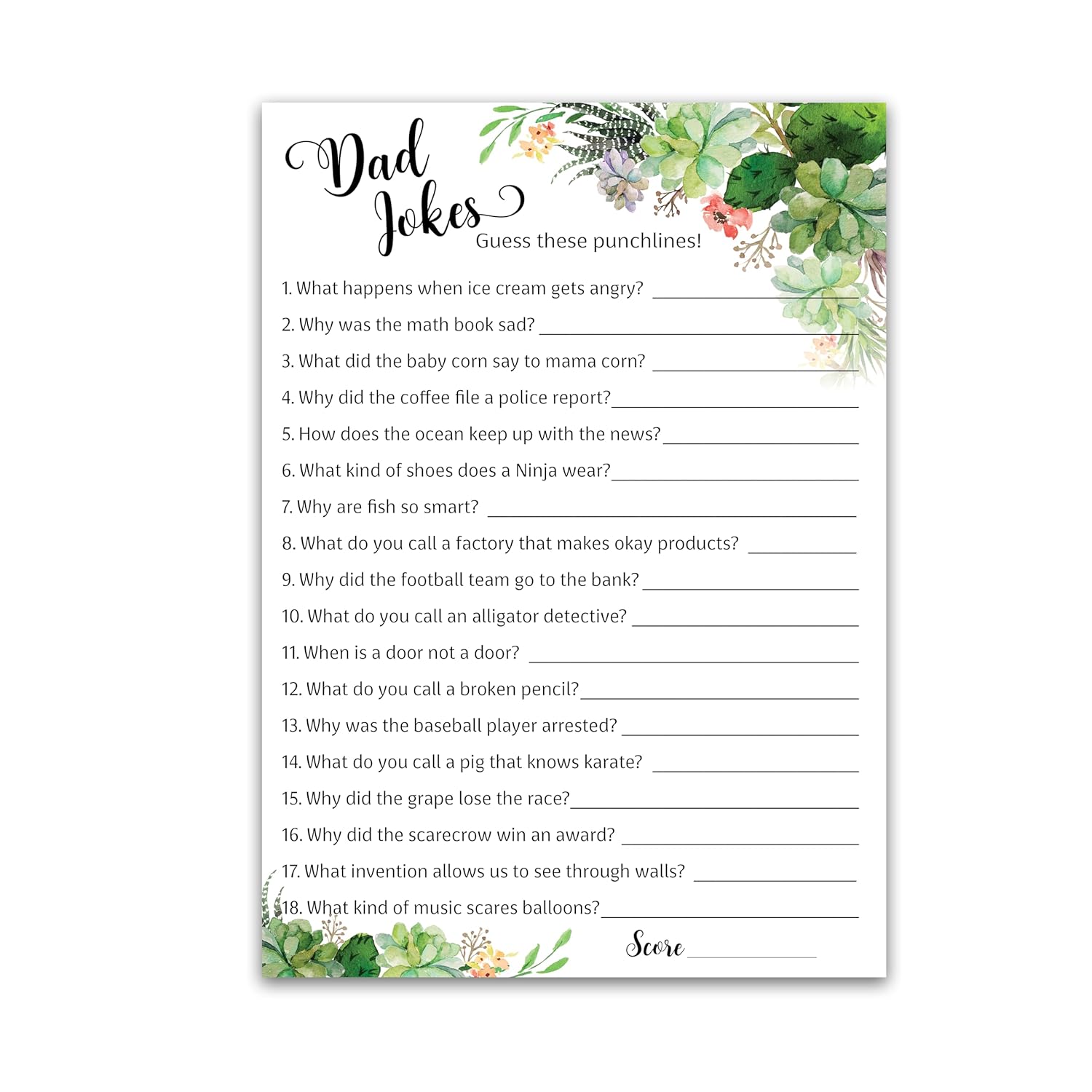 Succulents Dad Jokes Baby Shower Games, Daddy Jokes Shower Games — Pack Of 25 — Fun Dad Joke Game, Greenery Gender Neutral Funny Joke Trivia, Sprinkle Gender Reveal Party, Sip See, Birthday G300-Djk