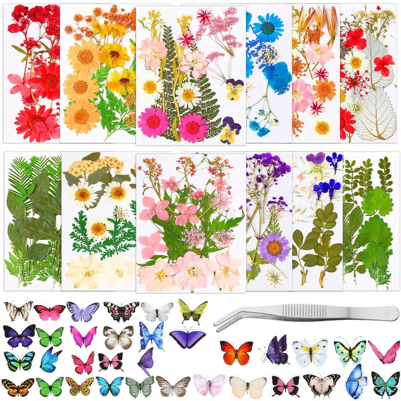 712 Pcs Dried Pressed For Resin With Tweezer Flowers Leaves Butterfly Stickers