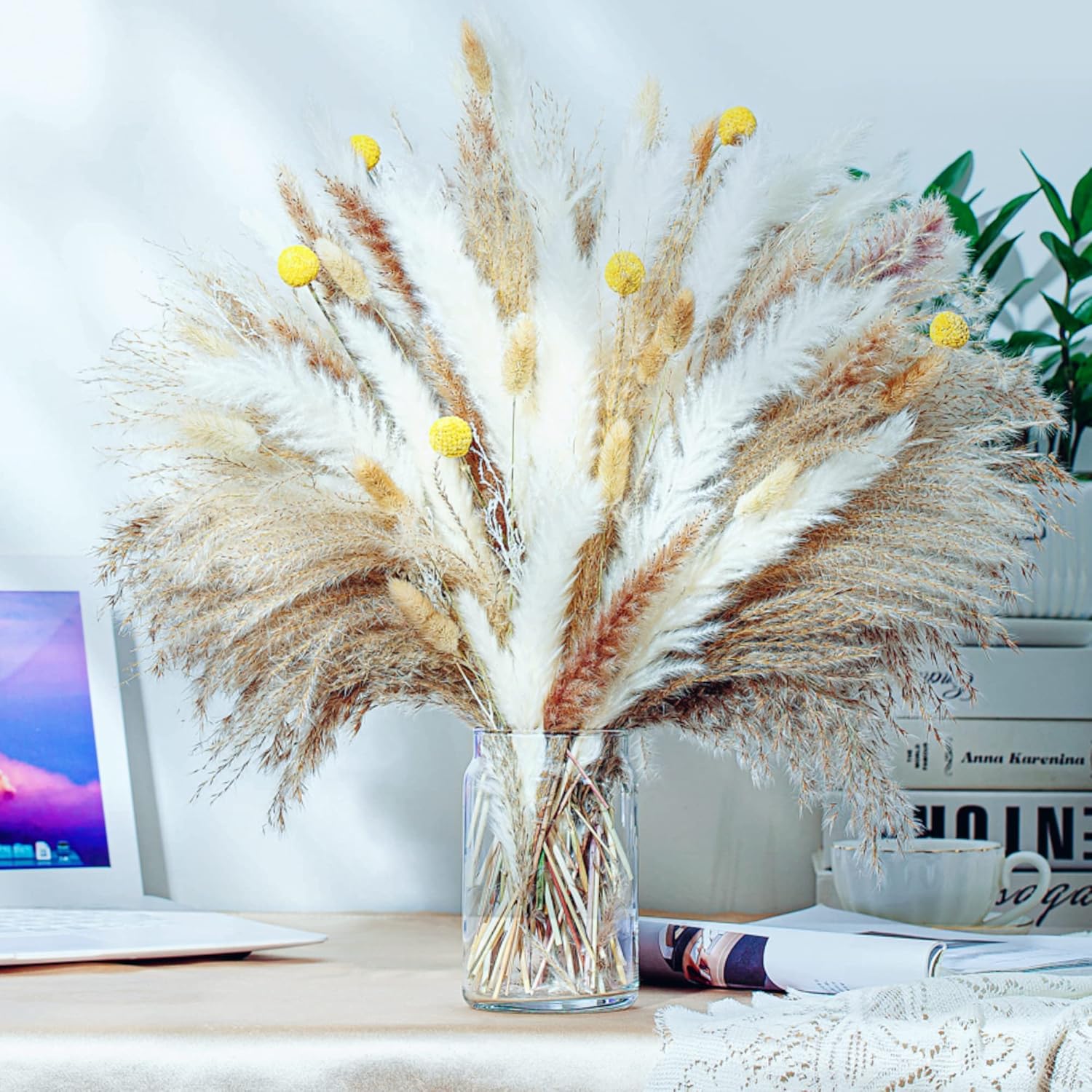 100Pcs Natural Dried Pampas Grass Decor - 17.5" Fluffy Pampas Grass Bouquet - Boho Home Decor Dried Flowers For Wedding Floral Room Home Party Table Decorations
