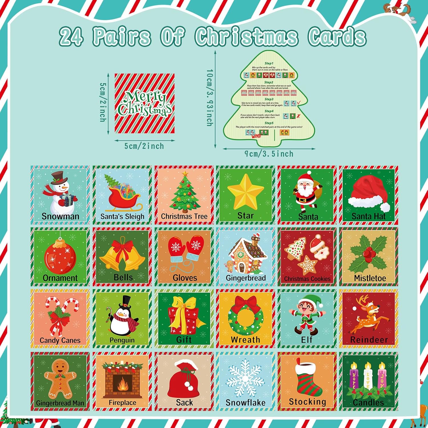 48 Pcs Christmas Memory Matching Games Holiday Matching Cards Xmas Memory Game Concentration Cards For Winter Educational Gifts Favors Family School Supplies
