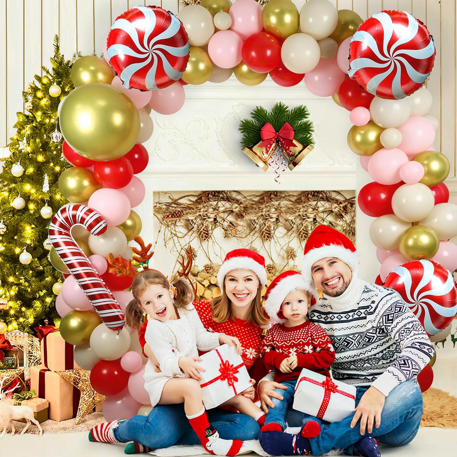 Christmas Balloon Garland Arch Kit, 129Pcs Red Pink Balloons With Candy Cane Foil Balloons For Christmas Party Decorations