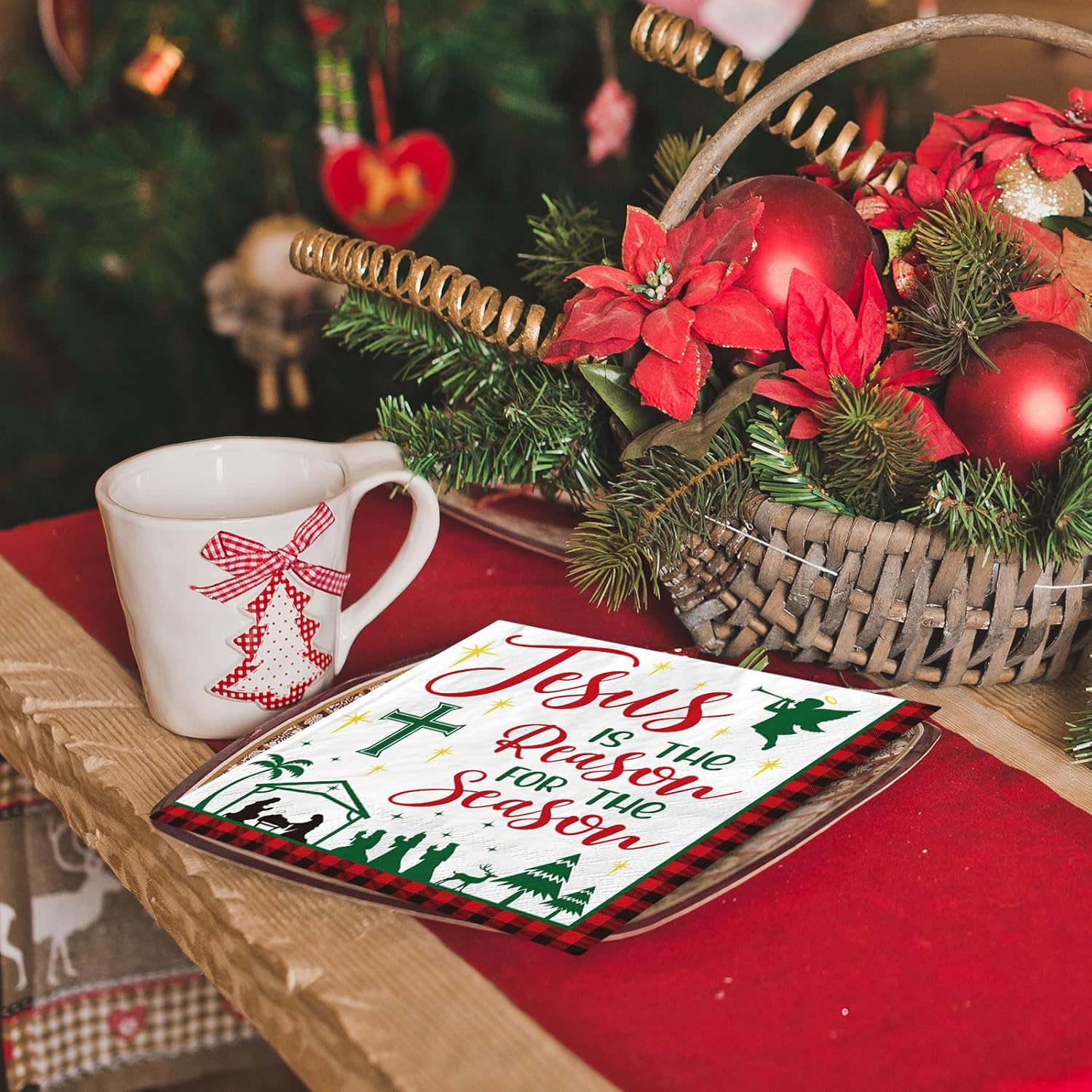50Pcs Christmas Nativity Paper Napkin Plaid Christian Disposable Napkin Holy Night Dessert Dinner Hand Napkin For Xmas Holiday Party Supplies
