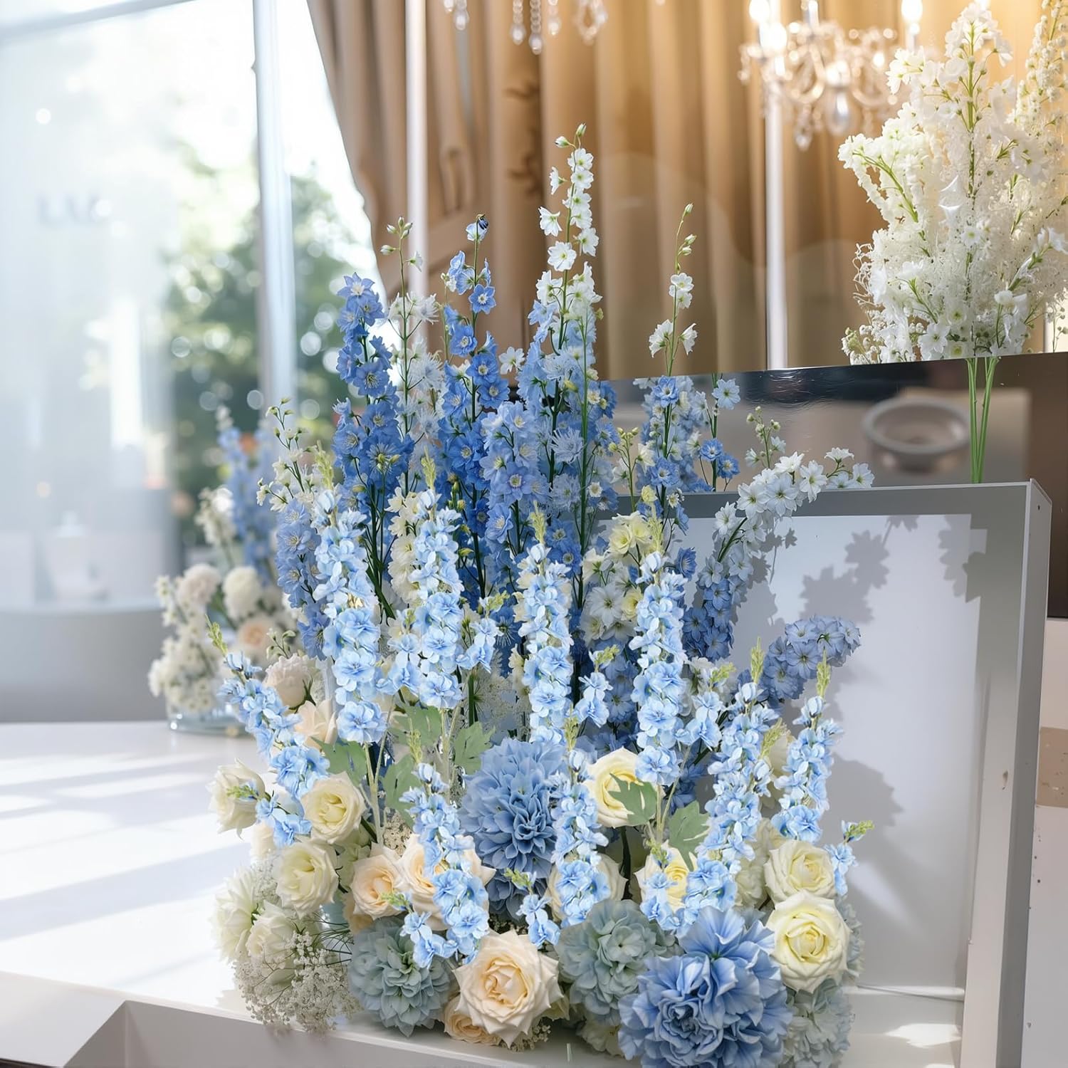 16Pcs Light Blue Delphinium Artificial Flower 33.5'' Faux Flowers Long Stem Silk Larkspur Flowers Bulk For Tall Vase For Home Wedding Floral Arrangements Centerpiece Table Decor