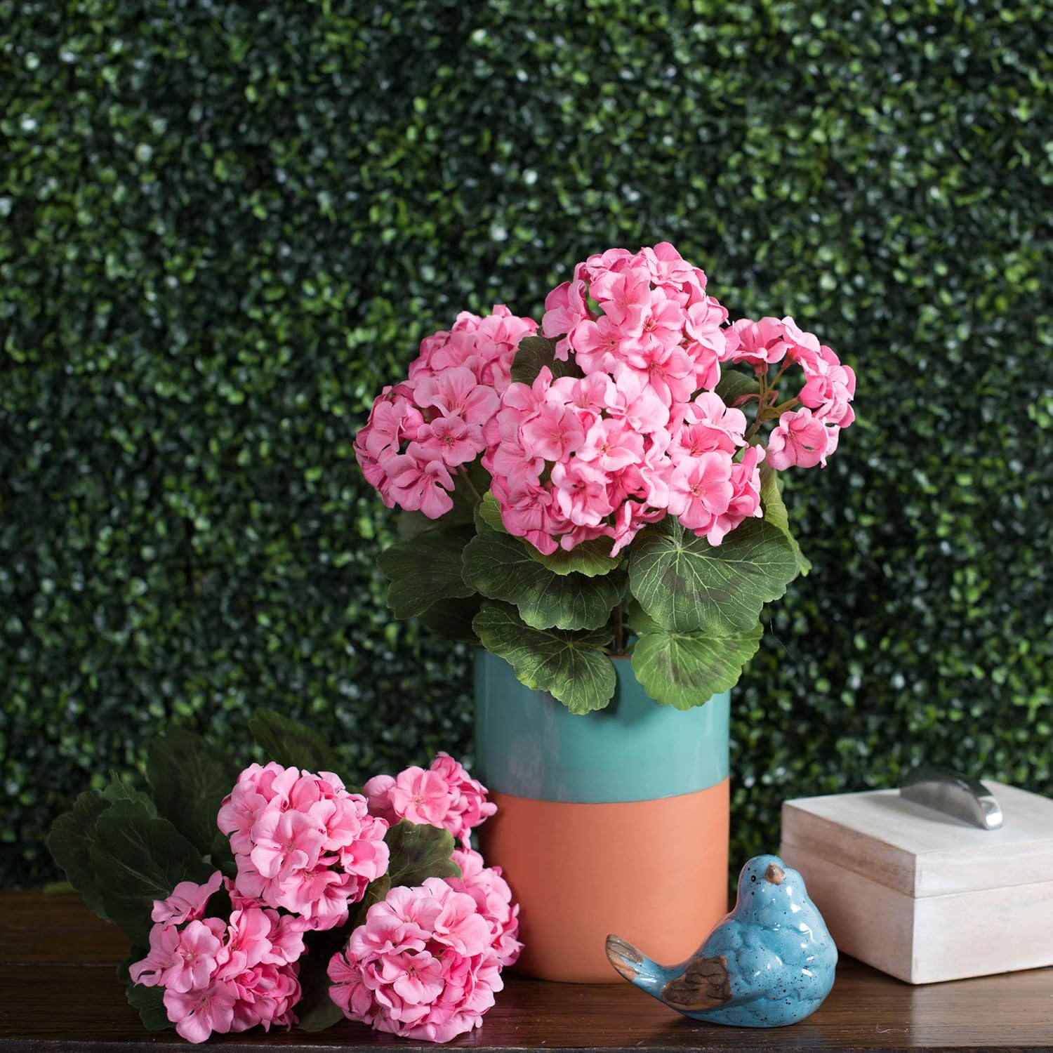 Vickerman Everyday Artificial Coral Geranium Bush 19.5" Long - Premium Faux Floral Home Decor - Perfect Outdoor Artificial Flowers - Maintenance Free Flowers