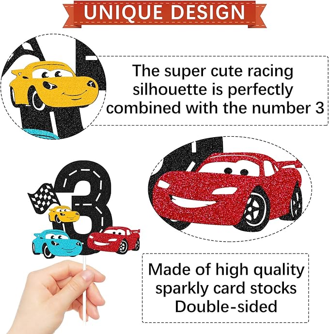 Race Car 3Rd Cake Topper For Racing Car Checkered Flag Themed Kids Boy Girl 3Th Years Old Happy Birthday Party Supplies Double Sided