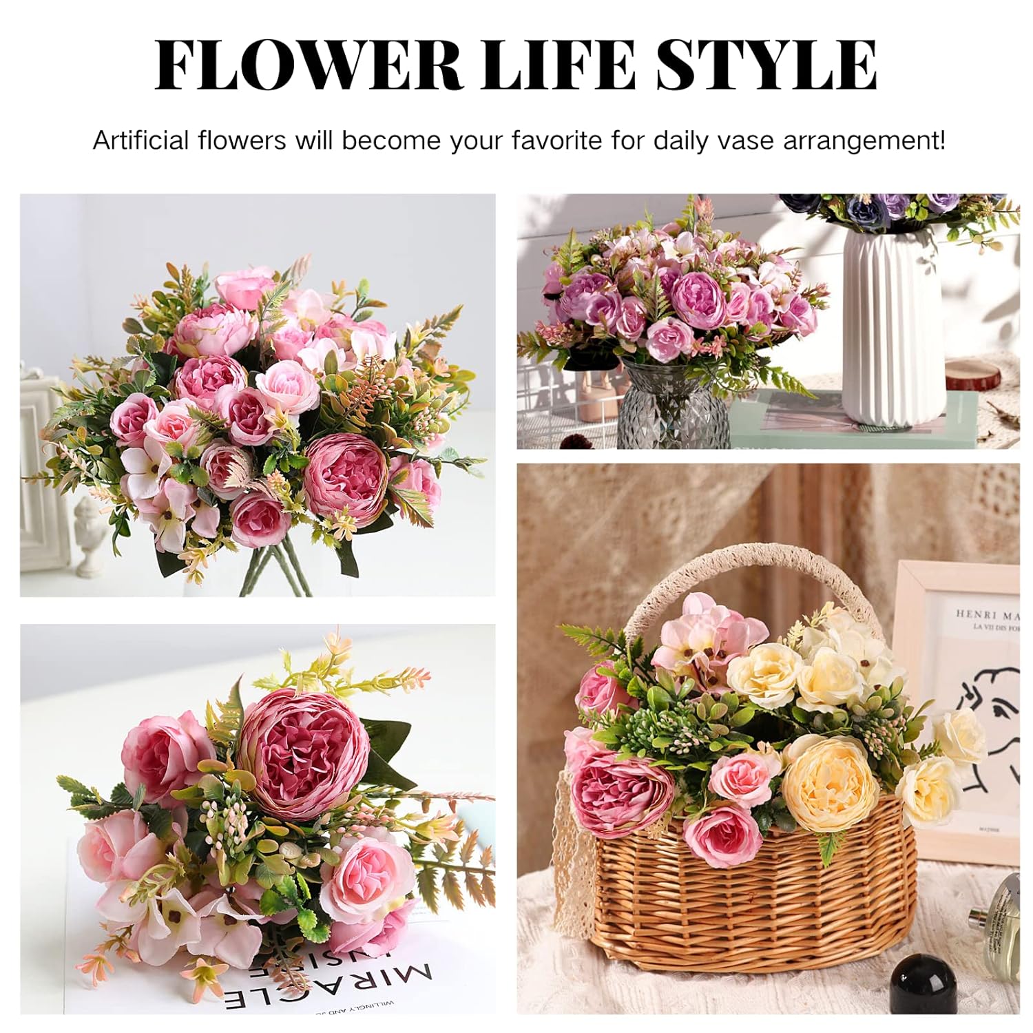 Artificial Flowers, Pink Artificial Peony Small Silk Flowers Fake Peonies Bouquet Rose Flower Arrangement Table Centerpiece For Dining Party Home Decoration(Pink)