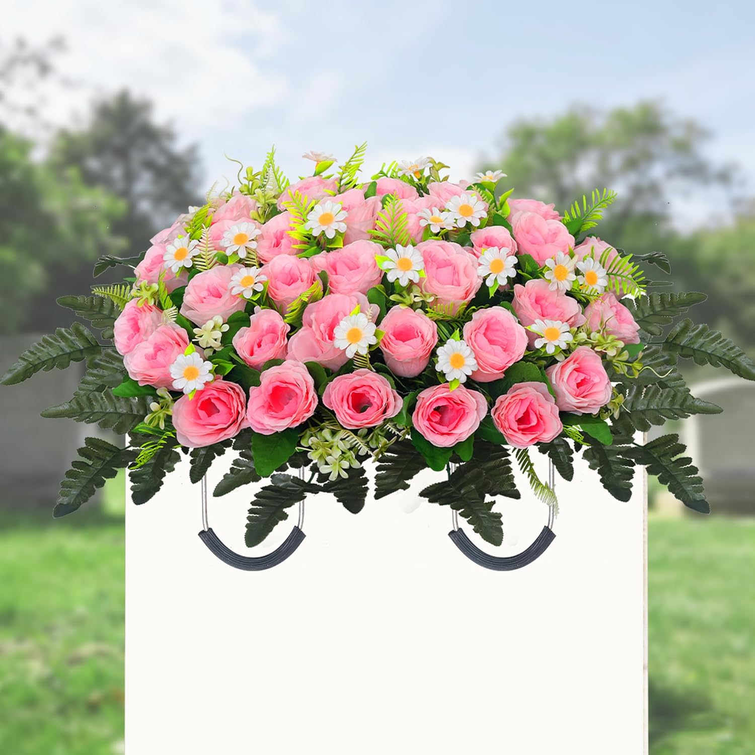 Artificial Cemetery Flower Saddle – Artificial Rose Memorial Flowers, Flower Saddles For Graves– For Headstone Decorations On Memorial Day, Christmas, Valentine’S Day ? (Pink)