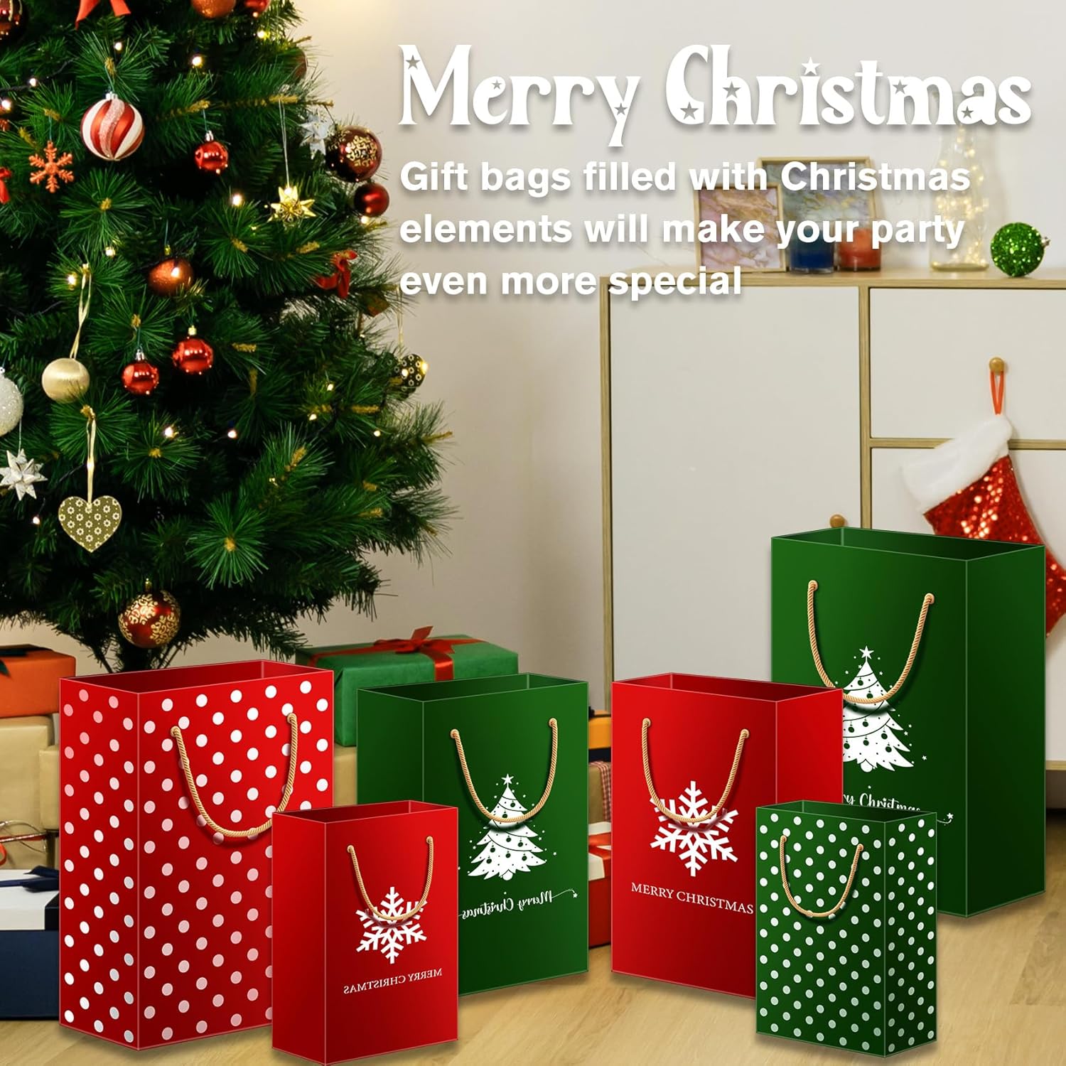 Christmas Gift Bags Assorted Sizes Red And Green Style Evergreen Tree Christmas Plaid For Xmas And Christmas Snowflakes With Handle Holiday Gift Bags(12 Bags: 4 Large 16", 4 Medium 13", 4 Small 8")
