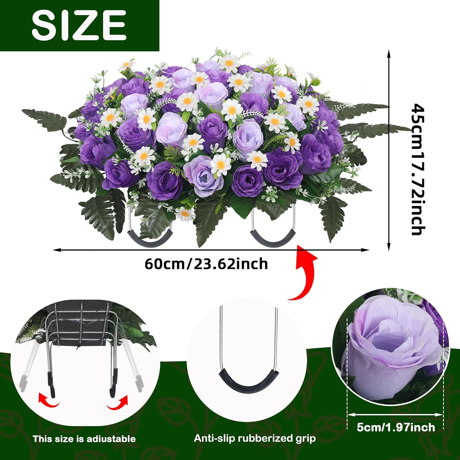 Headstone Flower Saddle,Large Artificial Cemetery Flowers For Grave Artificial Roses Daisy Saddle For Cemetery Headstone (Purple)