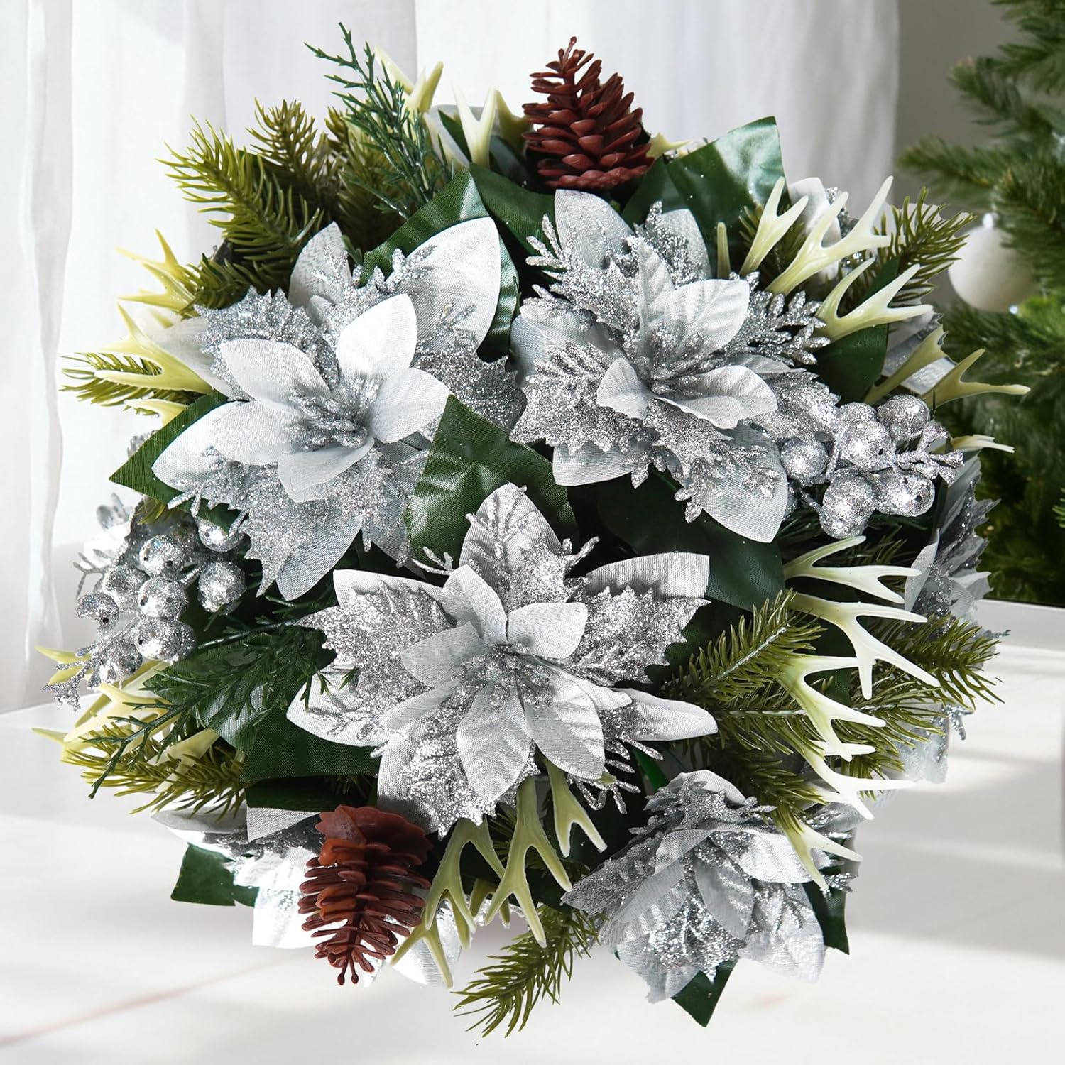 Poinsettias Flowers Artificial Glitter Christmas Flowers Artificial For Home Party Table Door Decor (Silver)