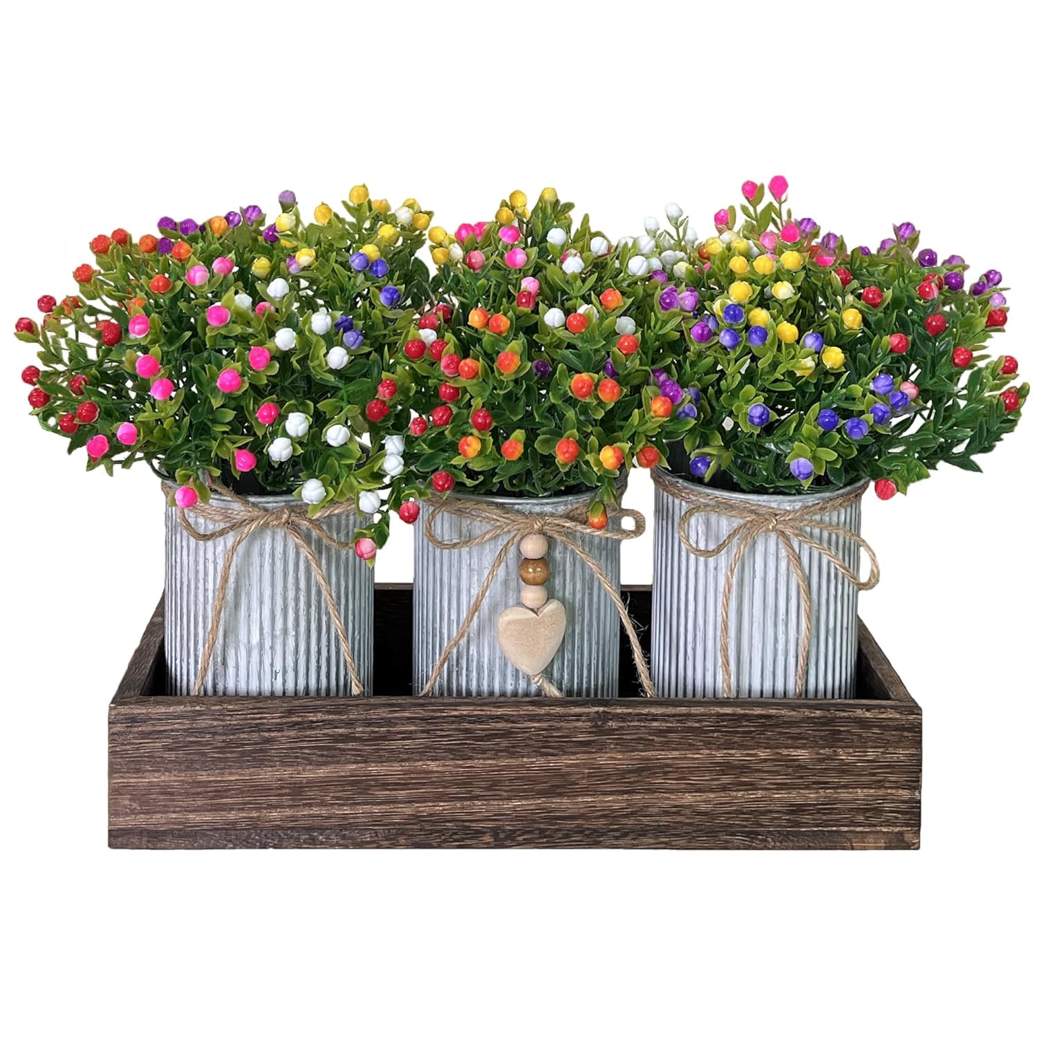 Table Centerpiece Decoration Artificial Flower Set With 3 Fake Milan Bouquet And Wood Tray For Desk Home Bathroom Office Décor